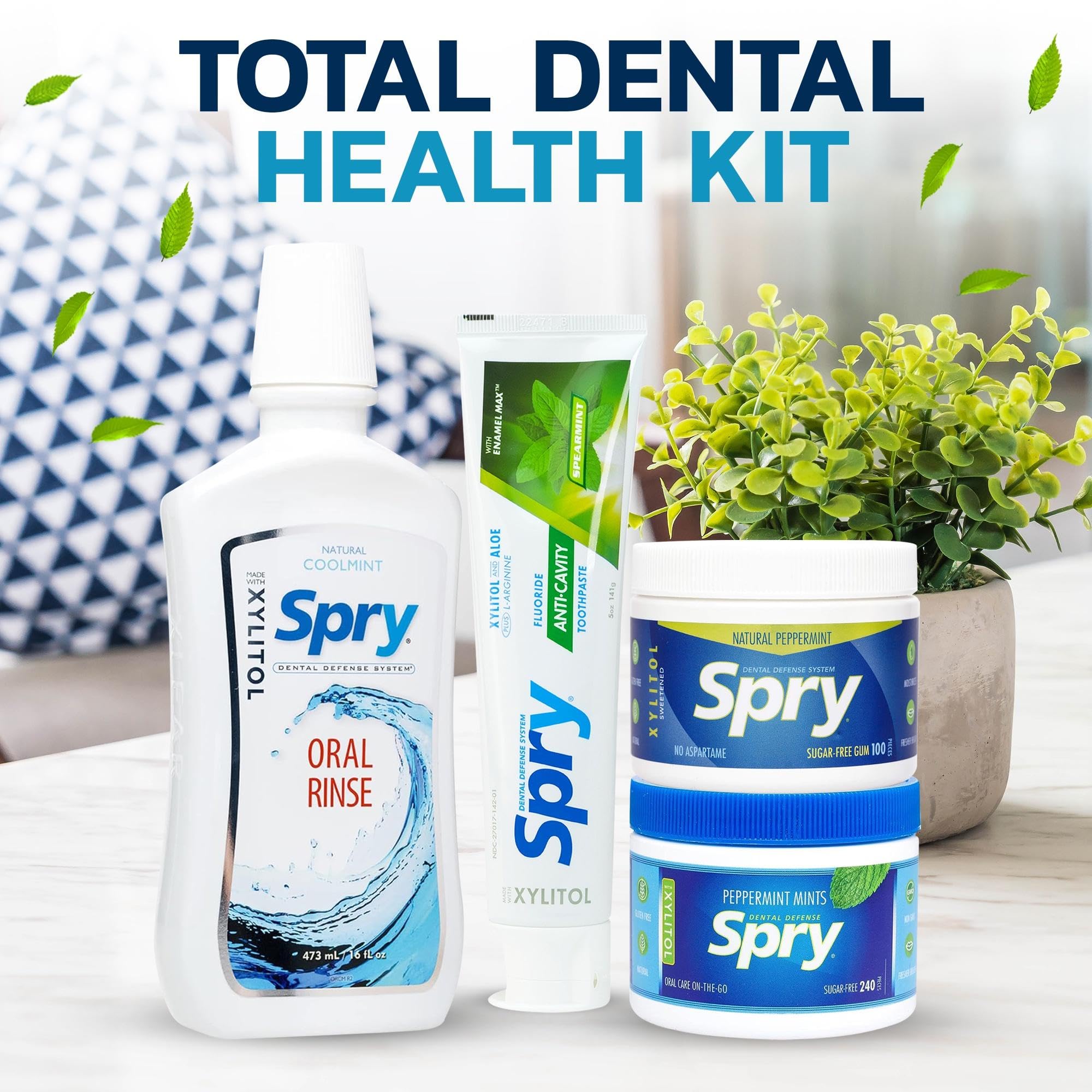 Spry Total Dental Health Kit, All Day Oral Care and Gum Health Kit Including Xylitol Sugar Free Gum, Candy Mints, Oral Rinse and Spearmint Toothpaste