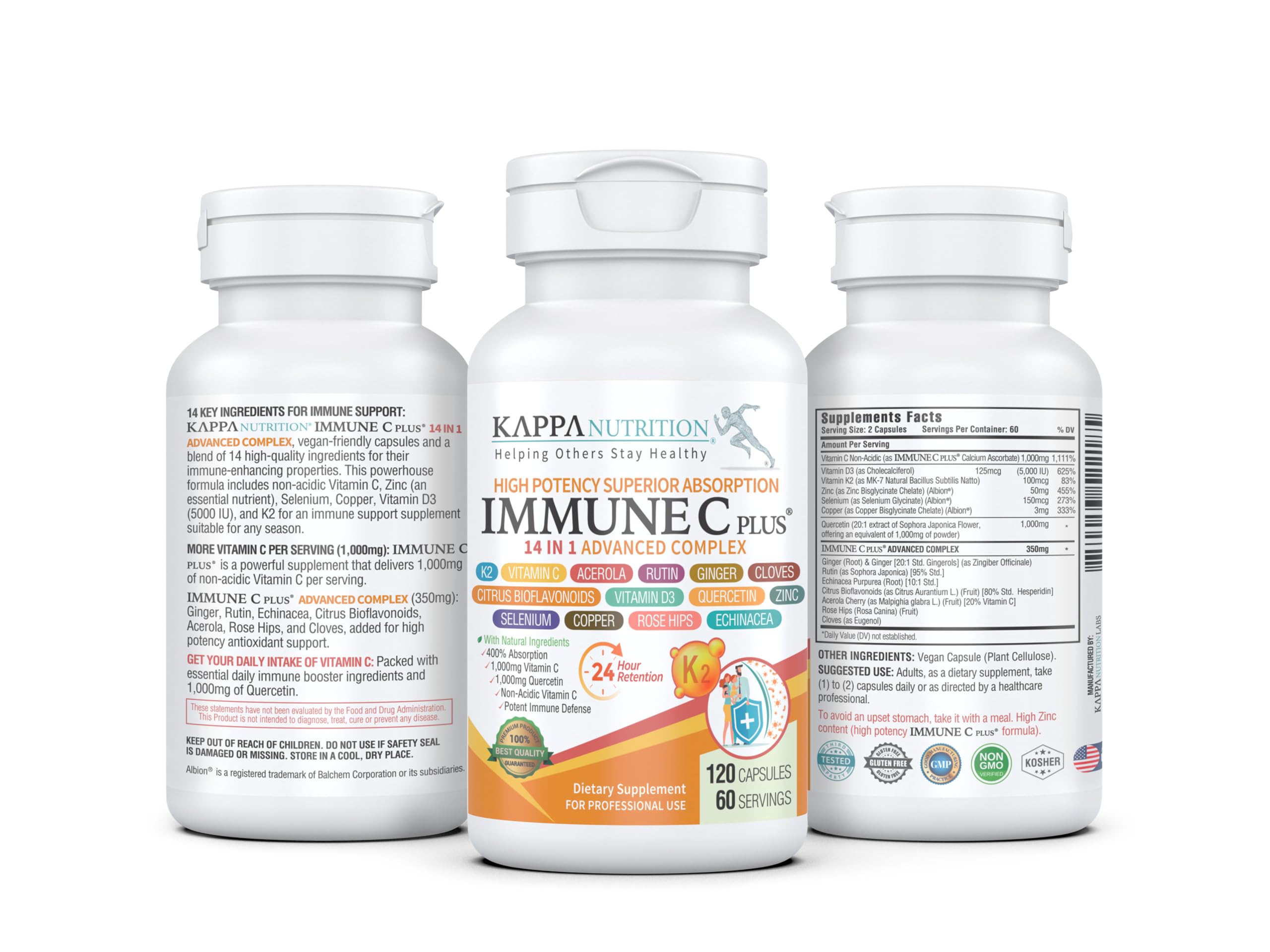 Quercetin 1,000mg, Vitamin C 1,000mg, Zinc 50mg, Vitamin D3 5,000iu, Selenium, Copper, Acerola, Ginger, Rutin, Bitter Orange, Rose Hips, Echinacea, Immune C Plus, 14 in 1 Immune C Plus (120 Count)