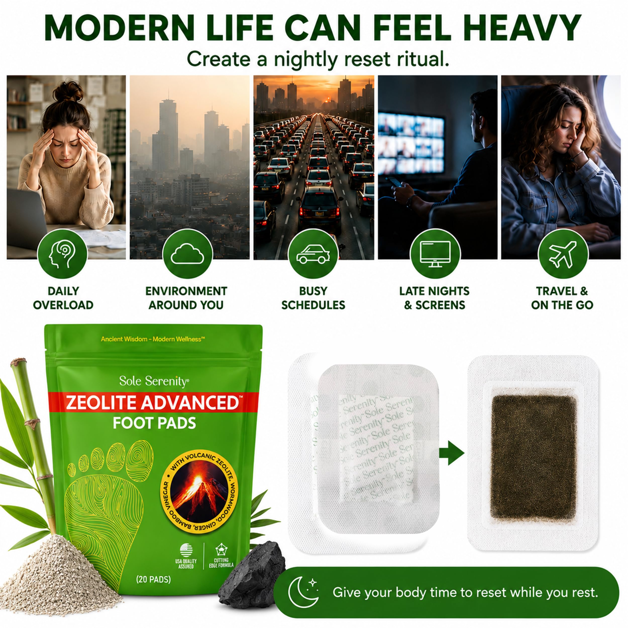 Sole Serenity Foot Pads - Zeolite Mineral, Ginger Root, Wormwood, Bamboo Vinegar, Foot Spa for Achy Feet (2 Pack)