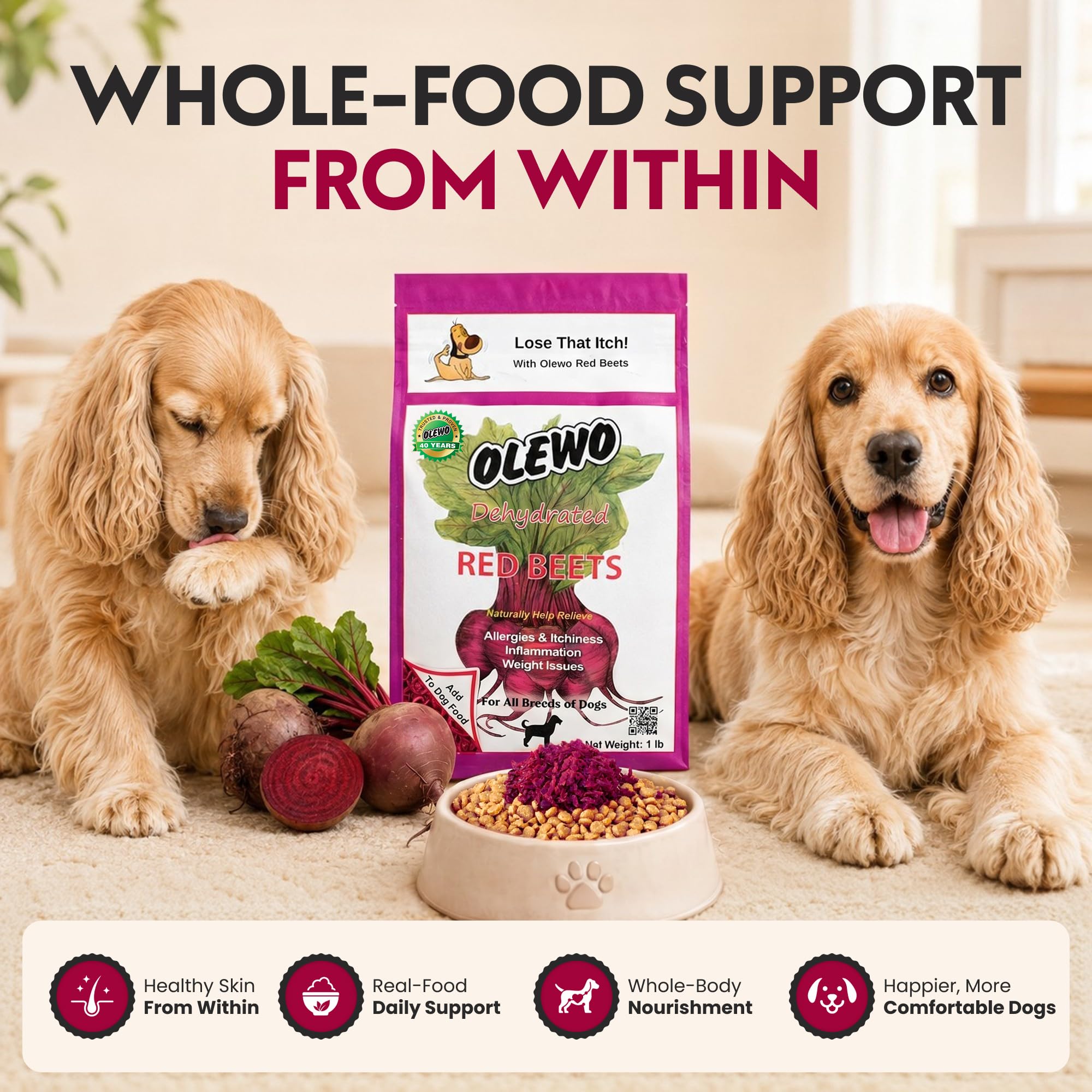 Olewo Original Red Beets for Dogs – Internal Support Dog Food Topper for Skin Sensitivity and Overall Balance, Prebiotic Fiber and Whole Food Nutrients, 5.5 lbs