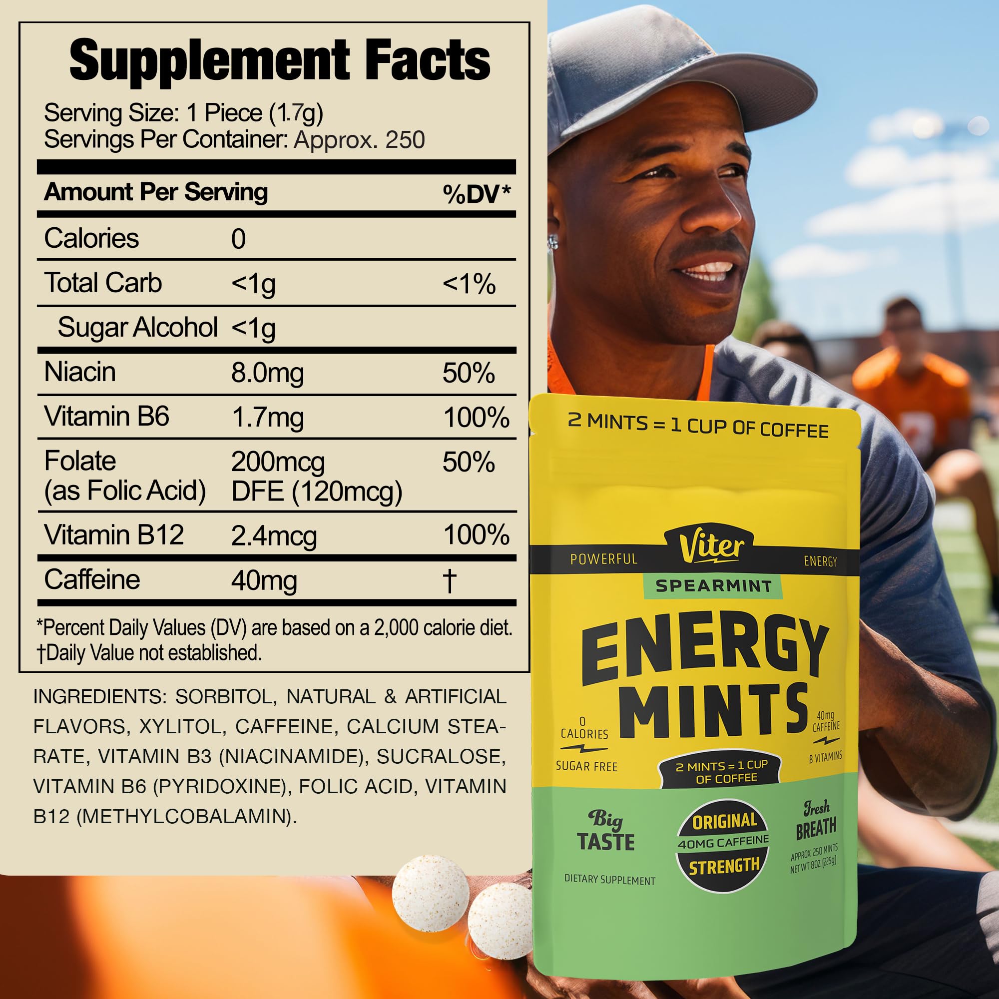 Viter Energy 40mg Caffeine Mints - Sugar Free, B Vitamins, Vegan, Boosts Fast Energized Alert Focus, Caffeinated Nootropic Supplement Pills (Spearmint Flavor, 8oz, Bulk Bag)