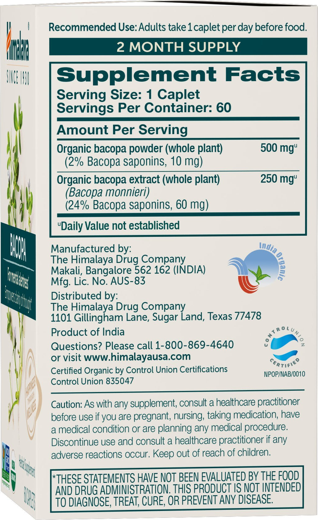 Himalaya USDA Organic Bacopa Monnieri Nootropic Herbal Supplement,Brahmi,Bacopa Supplements, Bacopa Extract,Mental Alertness, Supports Calm,Memory,Cognition,Non-GMO,750 mg, 120 Plant-Based Caplets