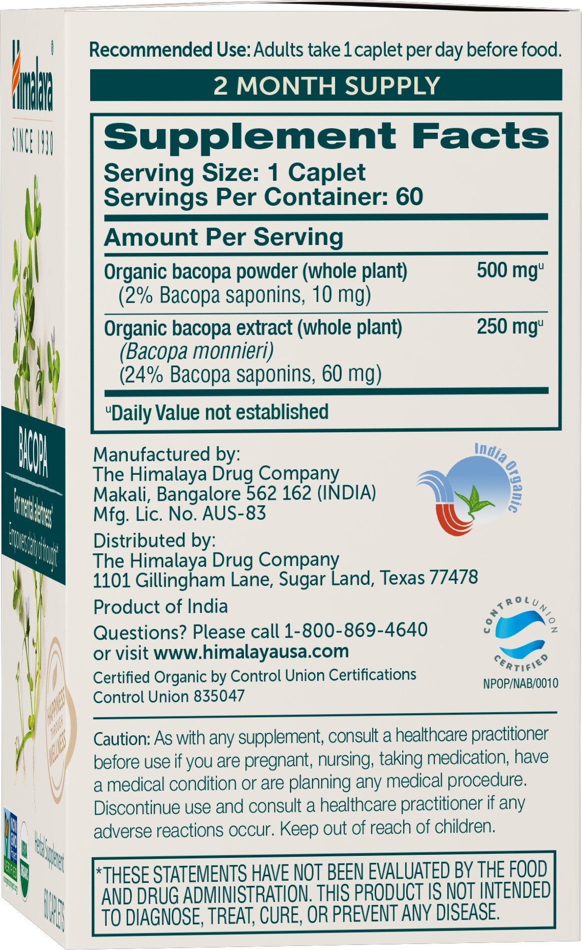 Himalaya USDA Organic Bacopa Monnieri Nootropic Herbal Supplement,Brahmi,Bacopa Supplements, Bacopa Extract,Mental Alertness, Supports Calm,Memory,Cognition,Non-GMO,750 mg, 120 Plant-Based Caplets