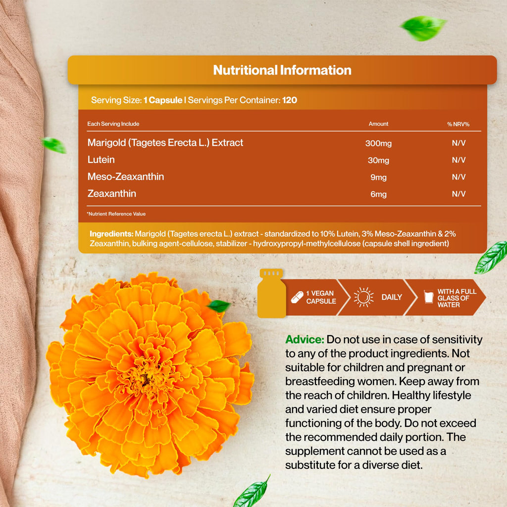 Hepatica Lutein | 30 mg, Zeaxanthin 6 mg & Meso-Zeaxanthin 9 mg | from Marigold Extract 300 mg | 120 Vegan Capsules | Tagetes erecta | GMP & 3rd Party Lab Tested