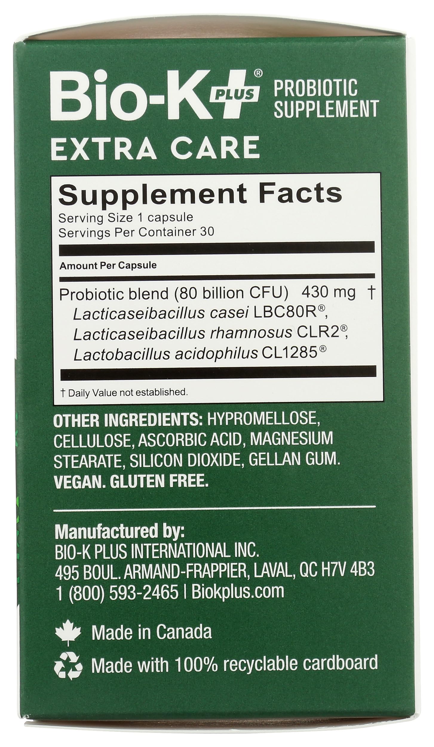 Bio-K + Extra Care Probiotic Supplement Capsules for Adult Men and Women, 80 Billion Active Bacteria, Promotes Immune System Health - Vegan & Gluten-Free Delayed Release, 30 Capules/Box]