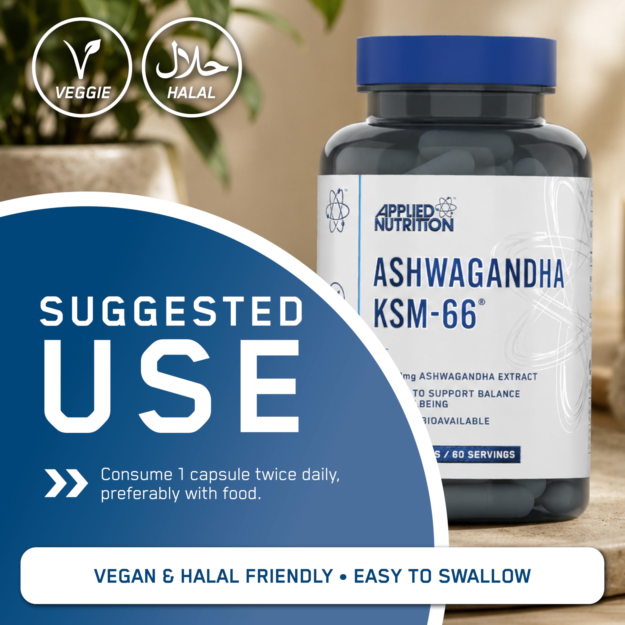 Applied Nutrition Ashwagandha KSM-66 - Premium Ashwagandha Herbal Supplement for Energy, Anxiety, Stress, Made in The UK (60 Capsules)
