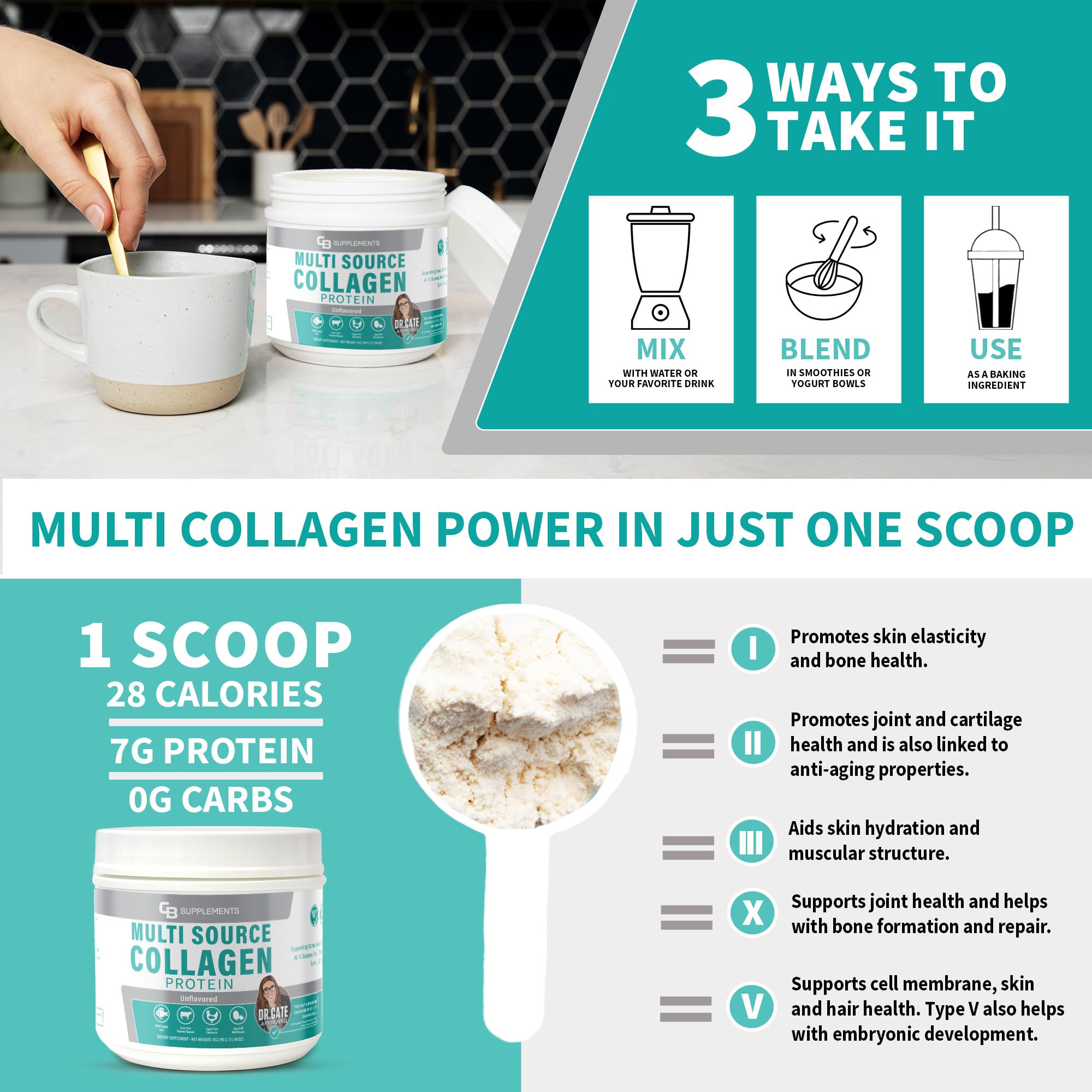 CB Supplements Multi Collagen Protein – Hydrolyzed Collagen for Joint, Skin, Gut, Hair & Nail Health – Unflavored Powder with Types I, II, III, V & X – Grass-Fed & Clean – 58 Servings