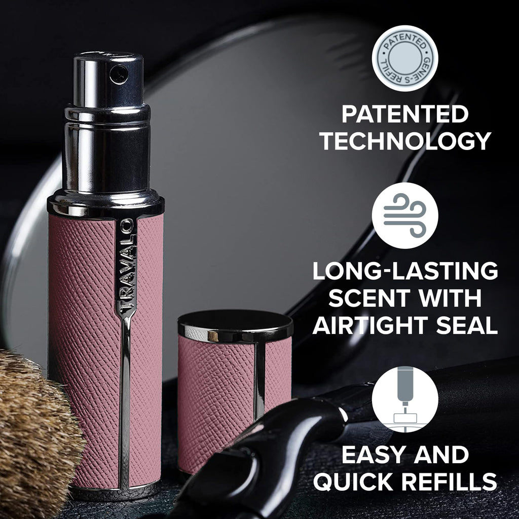 Travalo Milano Perfume Atomizer - Leak-Proof and TSA Approved for Air Travel - Reusable, Airtight, Easy Fill Mini Pump Sprayer - Lightweight Vegan Leather w/Polished Metal Outer Shell - Perfect Pink
