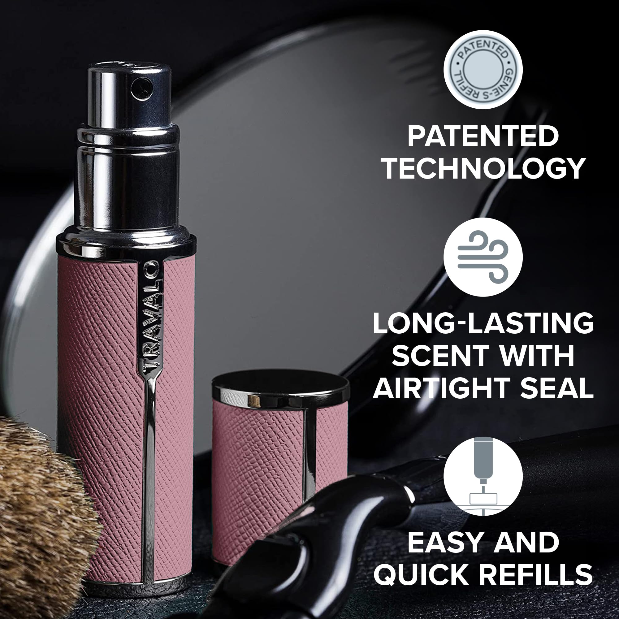 Travalo Milano Perfume Atomizer - Leak-Proof and TSA Approved for Air Travel - Reusable, Airtight, Easy Fill Mini Pump Sprayer - Lightweight Vegan Leather w/Polished Metal Outer Shell - Perfect Pink