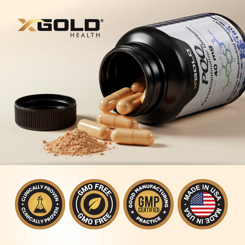 X Gold Health PQQ 40mg Supplement – Mitochondrial Energy Booster & Cellular Energy Support – Pyrroloquinoline Quinone – Brain & Focus Support – Non-GMO, Gluten-Free – 180 Veg Capsules