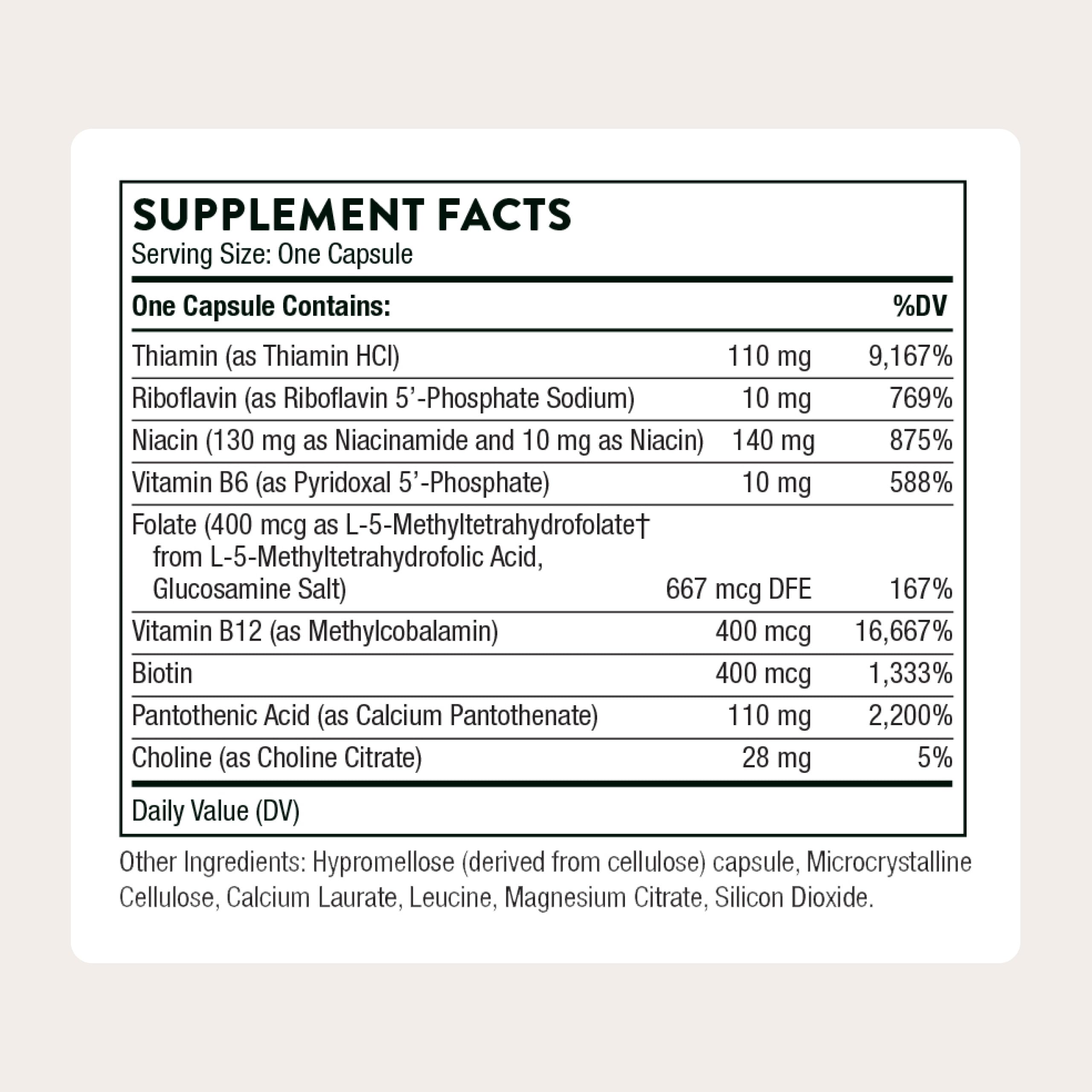 THORNE - Basic B-Complex - Tissue-Ready Vitamin B Complex Supplement with Choline - Supports Cellular Energy Production, Brain Health & Red Blood Cell Formation* - Gluten-Free - 60 Servings