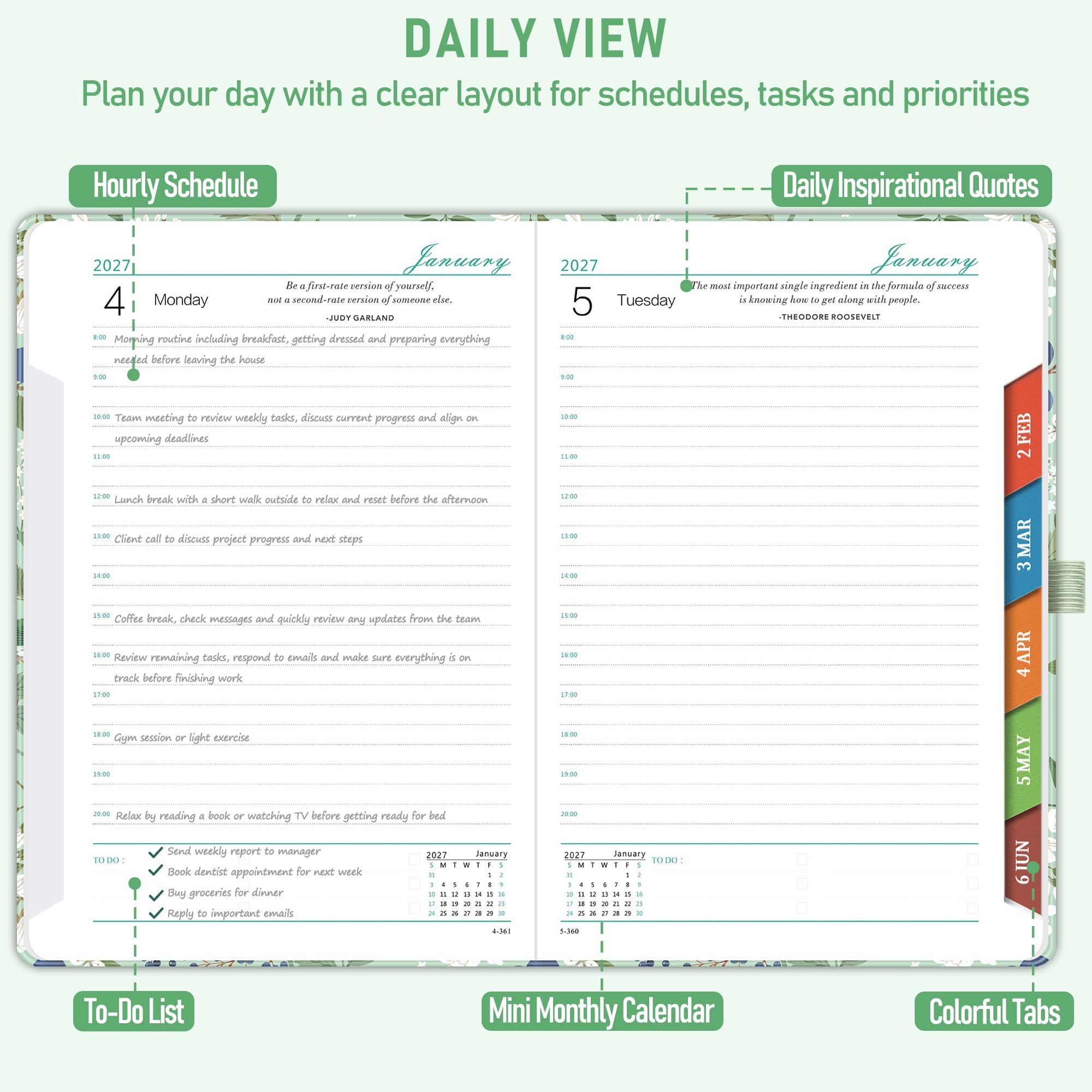 ZXHQ 2027 Diary Page a Day A5, Full Year Daily Planner 2027 with Monthly View, Jan - Dec, with Colorful Tabs, UK Holidays, Inner Pocket, 100 Gsm Paper, Pen Set, 5.9" × 8.5"- Spring Garden