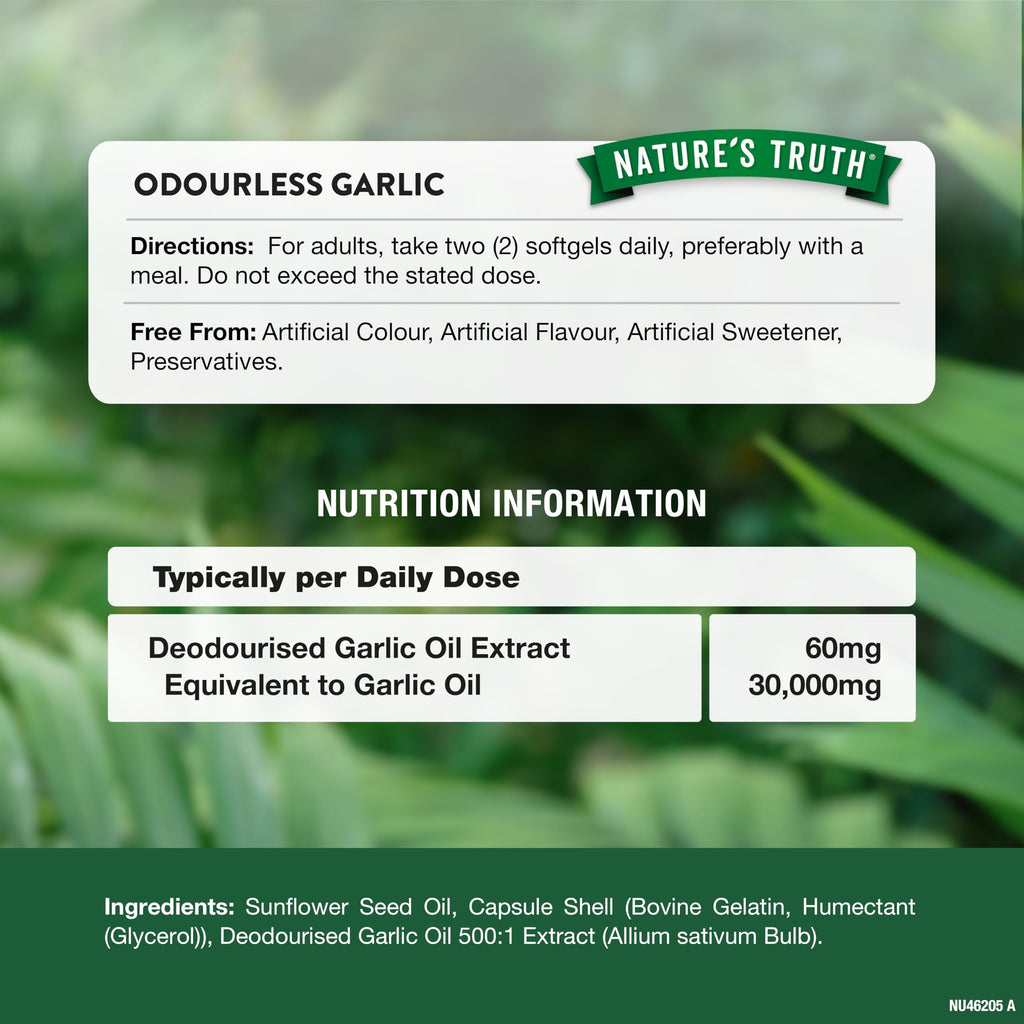 Odourless Garlic Capsules 30,000mg | High Strength Concentrated Garlic Oil Extract | 60 Softgels | Nature's Truth