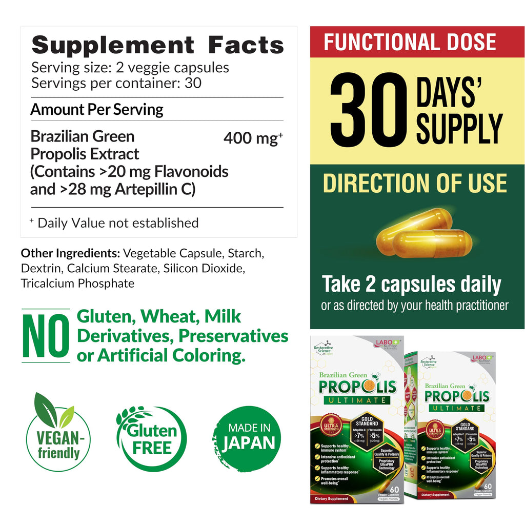 LABO Nutrition Brazilian Green Propolis Ultimate 3-Pack (60 Capsules Per Box) Bee Propolis 400mg Extract for Immune & Antioxidant Support, Sourced from Brazil, 180 Total Vegan Capsules, Made in Japan