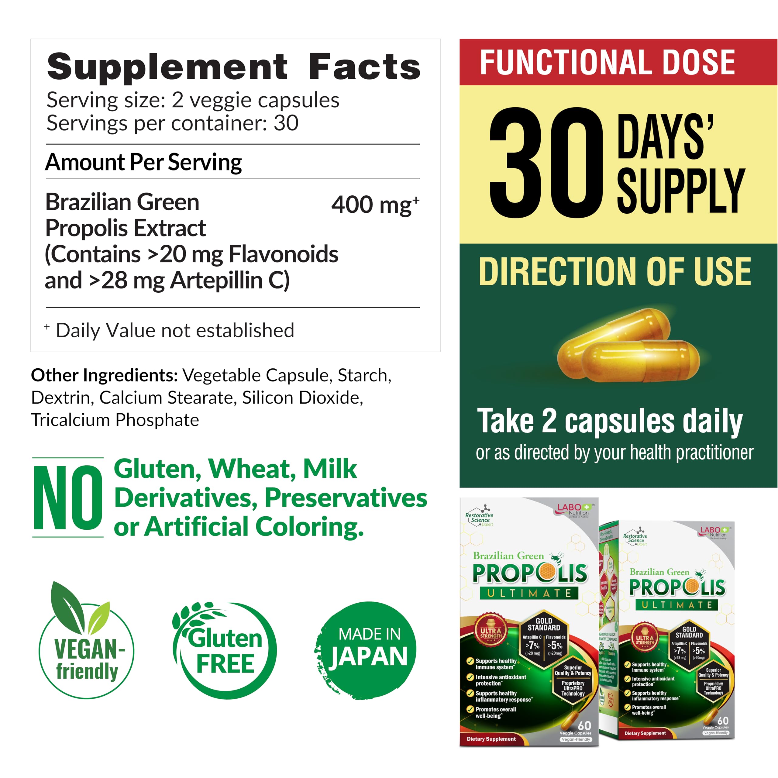 LABO Nutrition Brazilian Green Propolis Ultimate 3-Pack (60 Capsules Per Box) Bee Propolis 400mg Extract for Immune & Antioxidant Support, Sourced from Brazil, 180 Total Vegan Capsules, Made in Japan