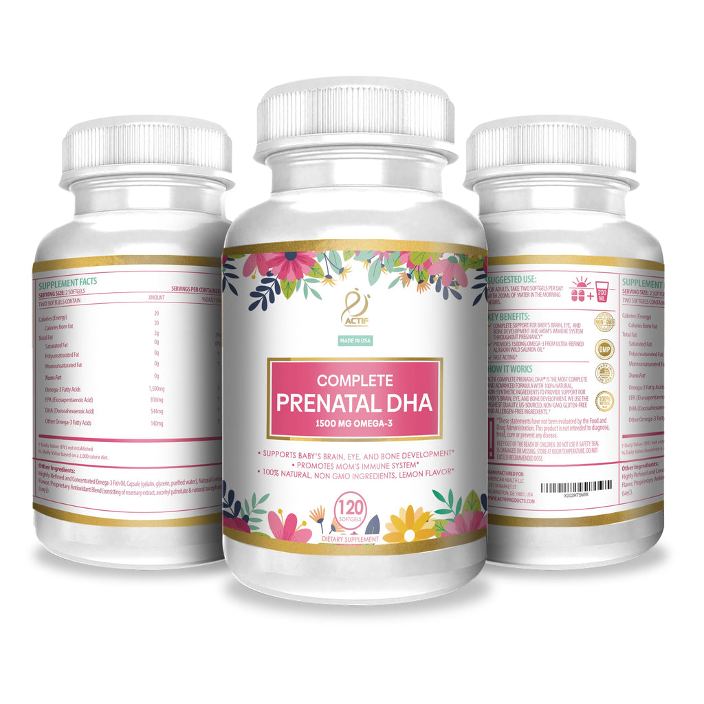 Actif Complete Prenatal DHA with 1500mg Omega-3, 100% Natural, Organic DHA, EPA, Omega 3 - Non-GMO, 90 Gummies