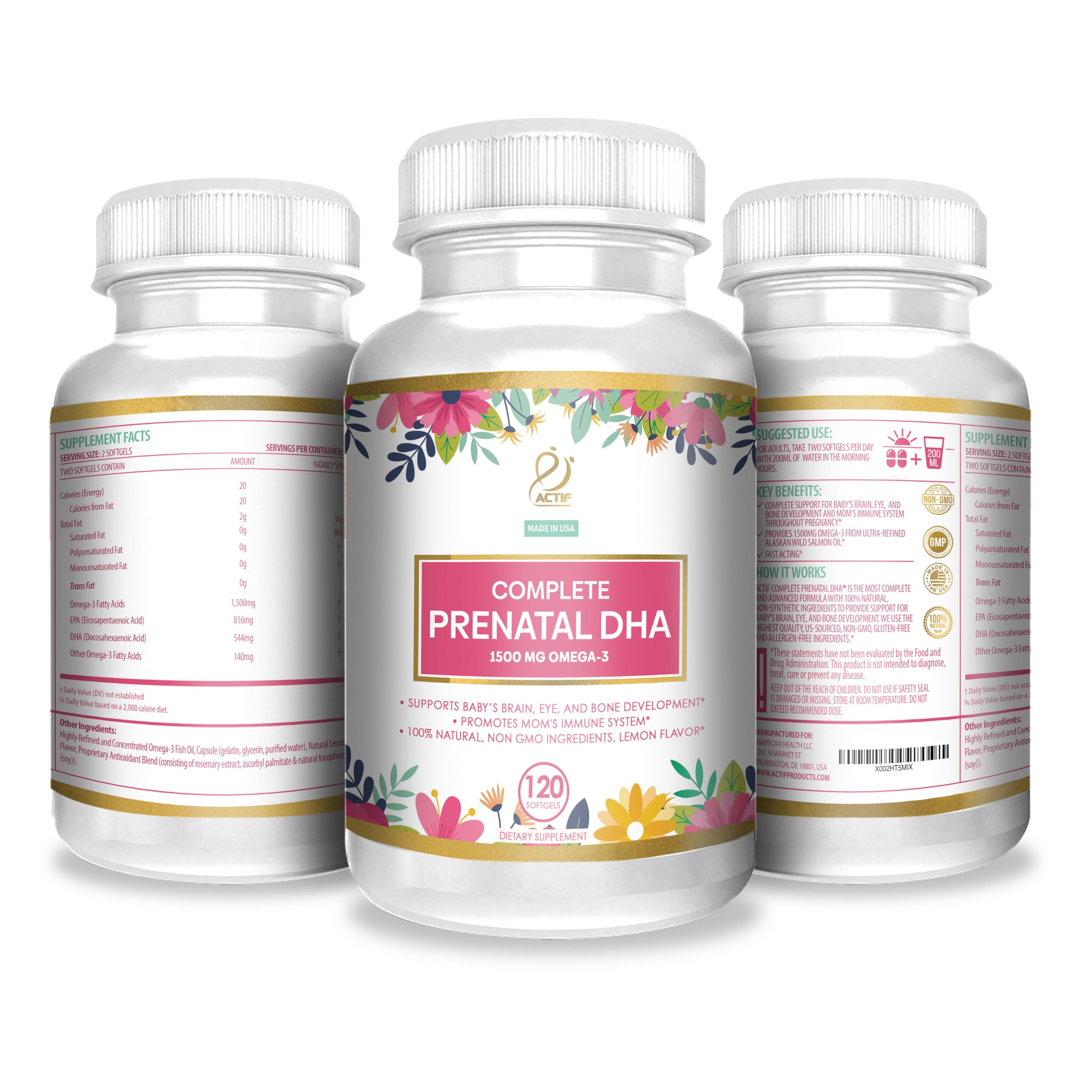 Actif Complete Prenatal DHA with 1500mg Omega-3, 100% Natural, Organic DHA, EPA, Omega 3 - Non-GMO, 90 Gummies