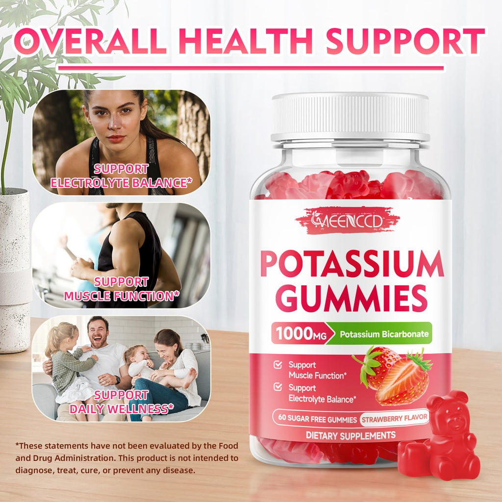 2 Pack Potassium Gummies 1000mg, Potassium Bicarbonate Supplement for Adults & Kids, Potassium Supplement for Electrolyte Balance & Muscle Heath, Sugar-Free, Strawberry Flavor, 120 Count