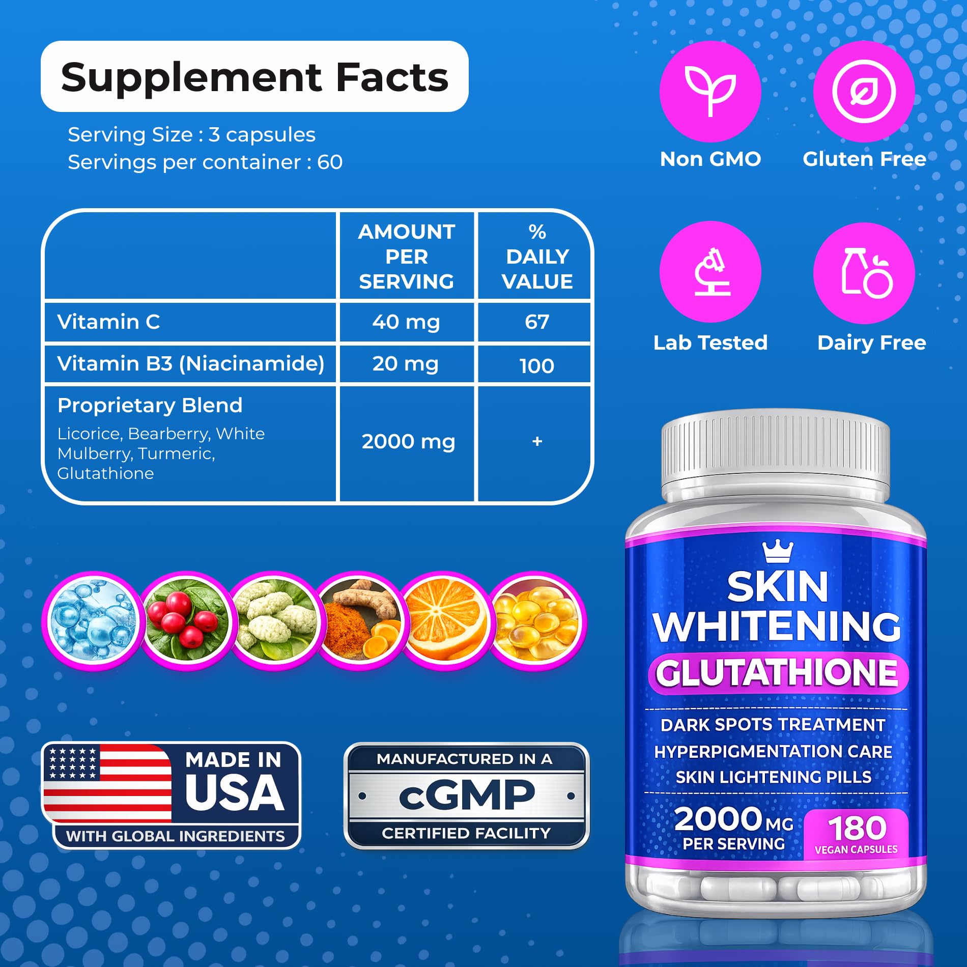 Glutathione Whitening Pills - 180 Capsules 2000mg Glutathione - Effective Skin Lightening Supplement - Dark Spots, Melasma & Acne Scar Remover, Hyperpigmentation Treatment - Anti-Aging Antioxidant