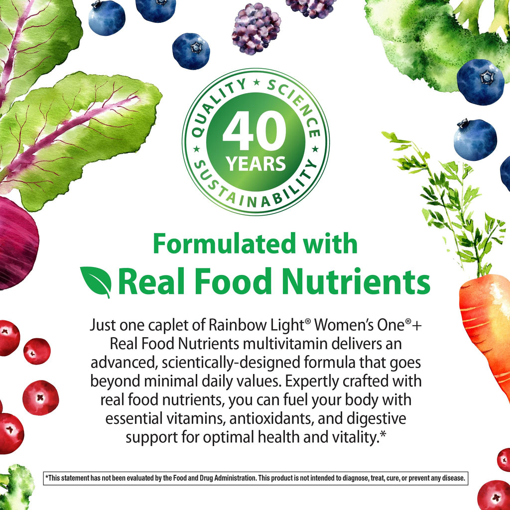 Rainbow Light Womens Multivitamin One + | 150 Caplets | Supports Cellular Energy & Antioxidant Health | Real Food Nutrients, Digestive Enzymes & Probiotics | with Vitamins C, D, and Zinc