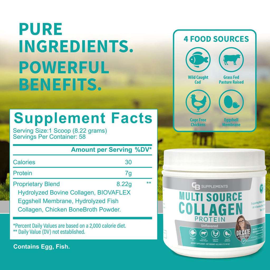 CB Supplements Multi Collagen Protein – Hydrolyzed Collagen for Joint, Skin, Gut, Hair & Nail Health – Unflavored Powder with Types I, II, III, V & X – Grass-Fed & Clean – 58 Servings