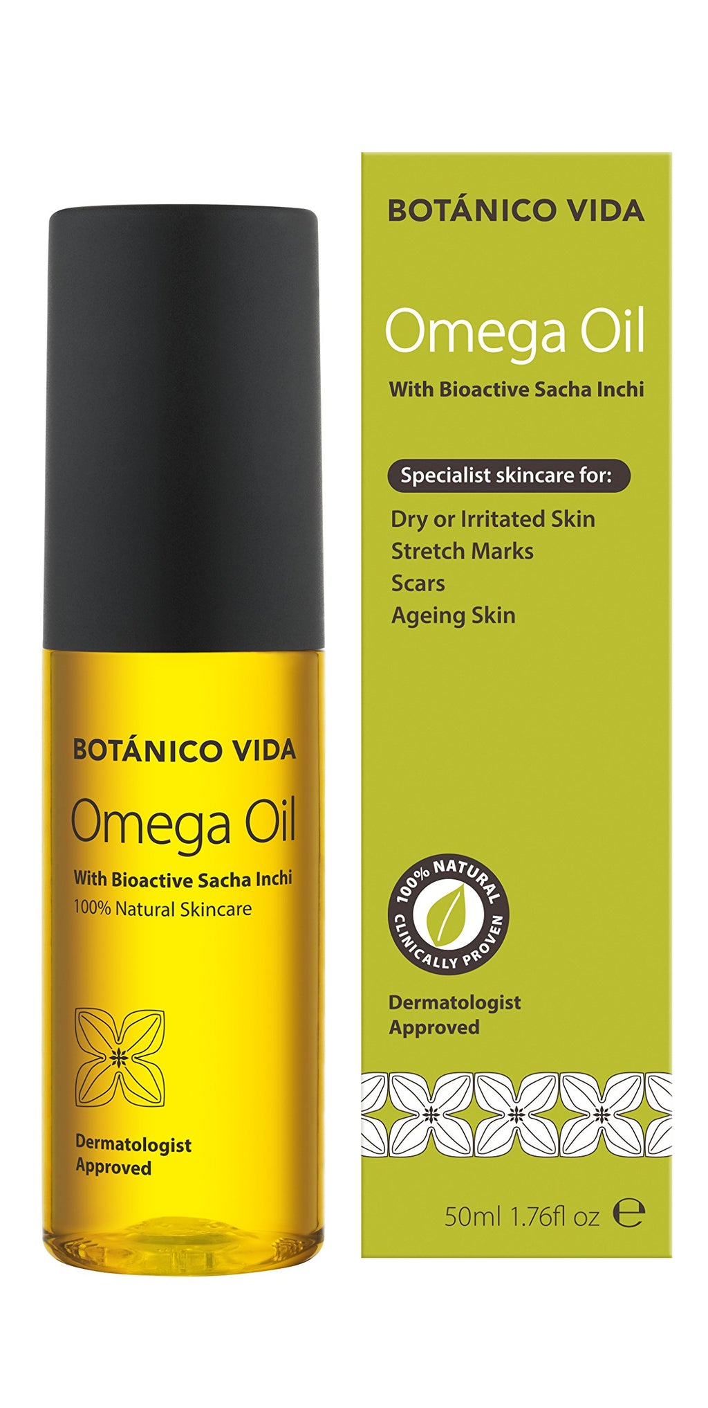 Botanico Vida, Omega Oil. The 100% Natural Body Oil for Stretch Marks, Scars, Dry Skin. Clinically Proven Skincare, 1.76 fl oz / 50 ml