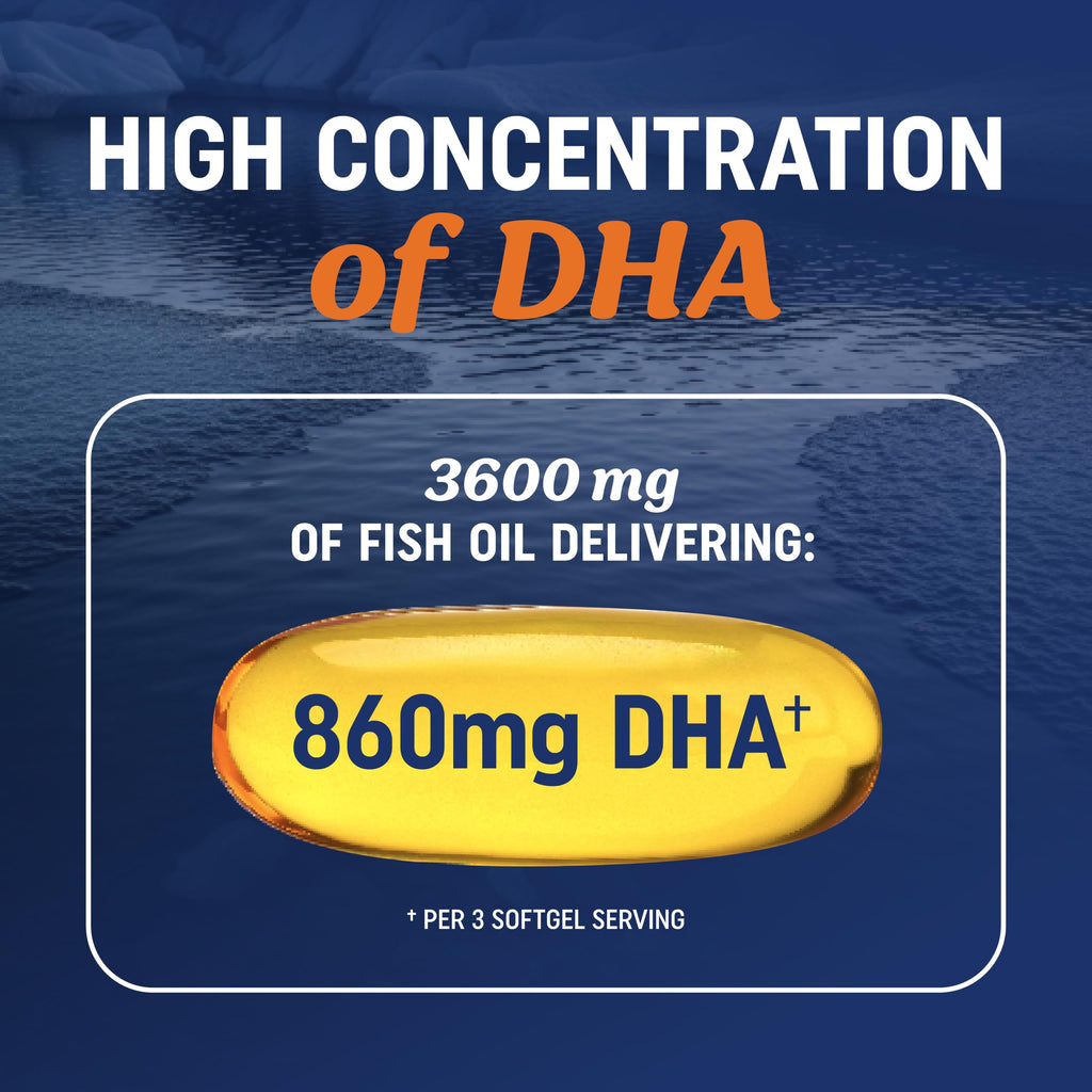 Triple Strength DHA Omega 3 Fish Oil 3600 mg | Over 2100mg Omega-3 Fatty Acids with 860mg of DHA | 1300mg EPA | Best Essential Fatty Acids | Premium Wild Caught & Burpless Fish Oil | 180 Softgels