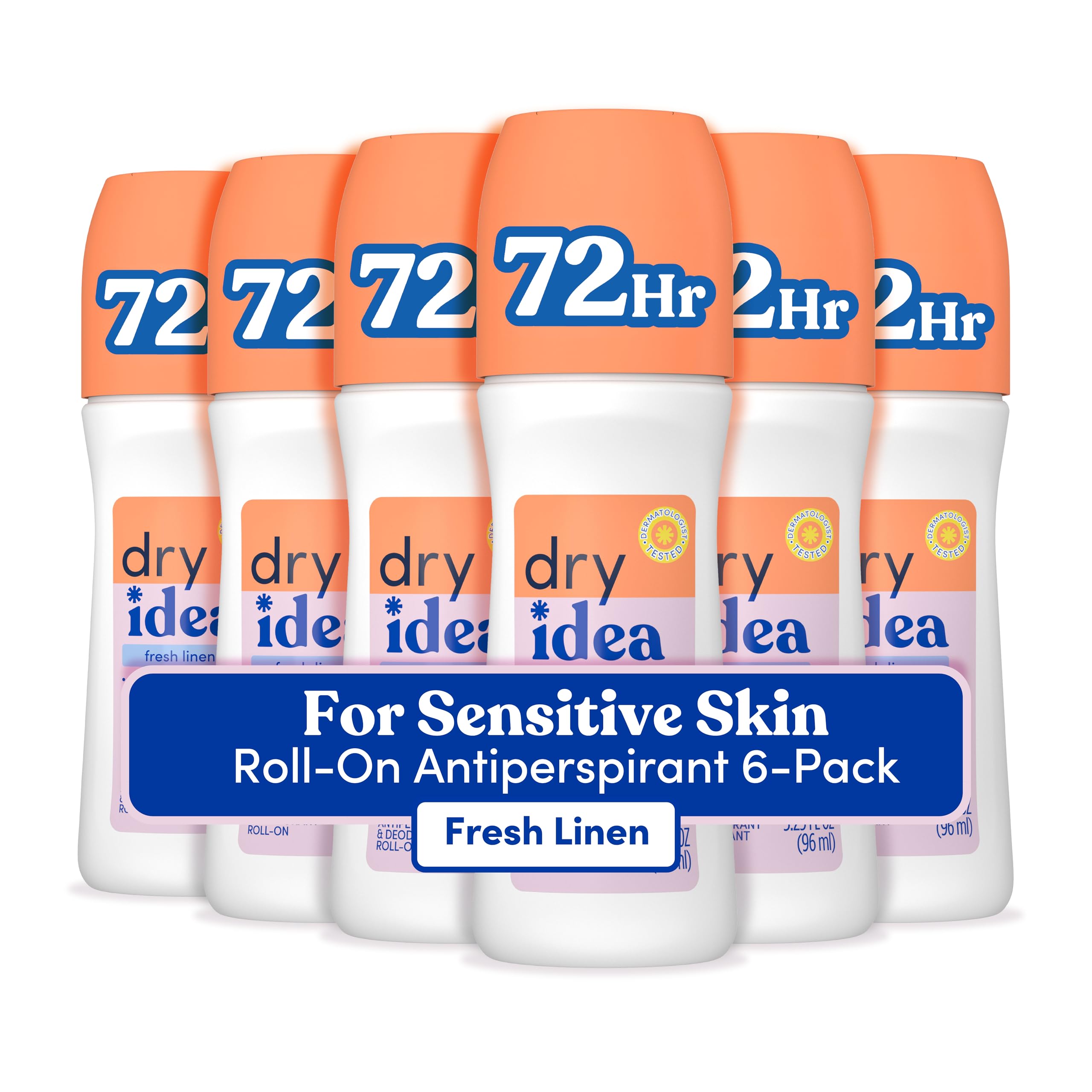 Dry Idea Fresh Linen Roll On Deodorant & Antiperspirant for Women - for Sensitive Skin, 2X Longer Sweat Protection, 72Hr Odor Control, Womens Deodorant, 3.25oz (Pack of 6)