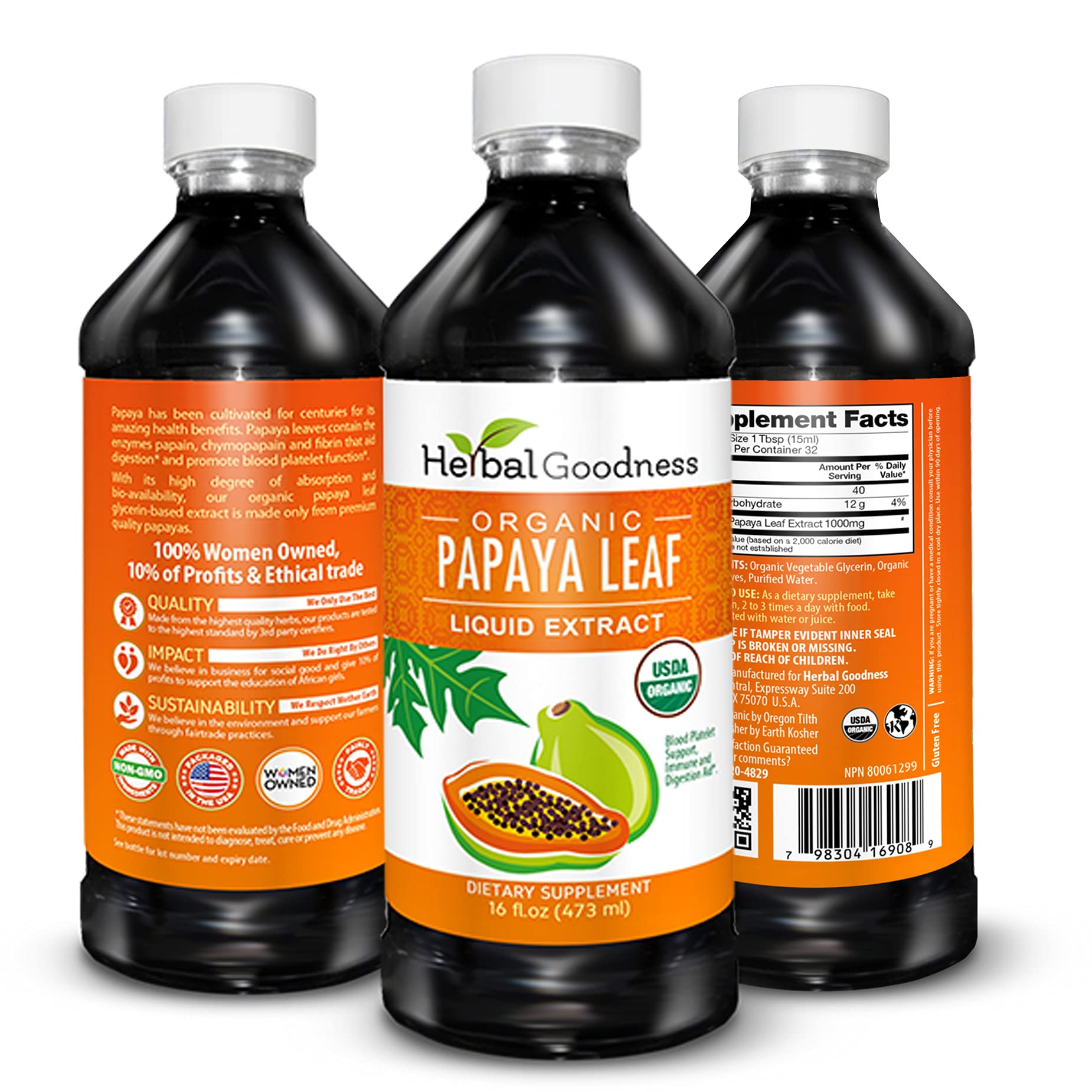 Herbal Goodness Papaya Leaf Extract Platelet Support - 15X Blood Platelet Boost, Bone Marrow & Spleen Support, Immune & Gut Health, Digestive Enzyme - Organic Kosher 16 oz Liquid Extract