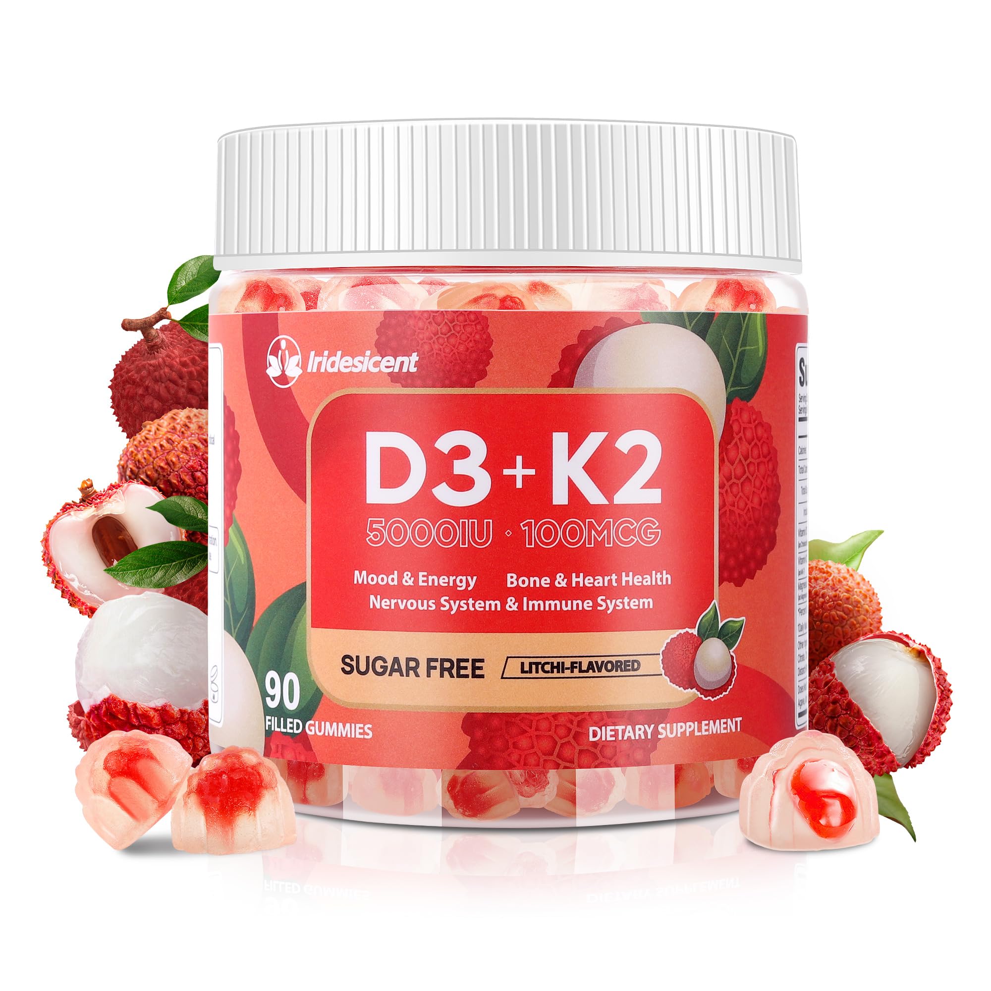 IRIDESICENT Vitamin D3 K2 Gummies Sugar Free - 90 Count | 5,000 IU Vitamin D3 + 100 mcg K2 (MK-7) | Vegan D3 K2 Supplement for Bone & Immune Health Support, Lychee Flavor