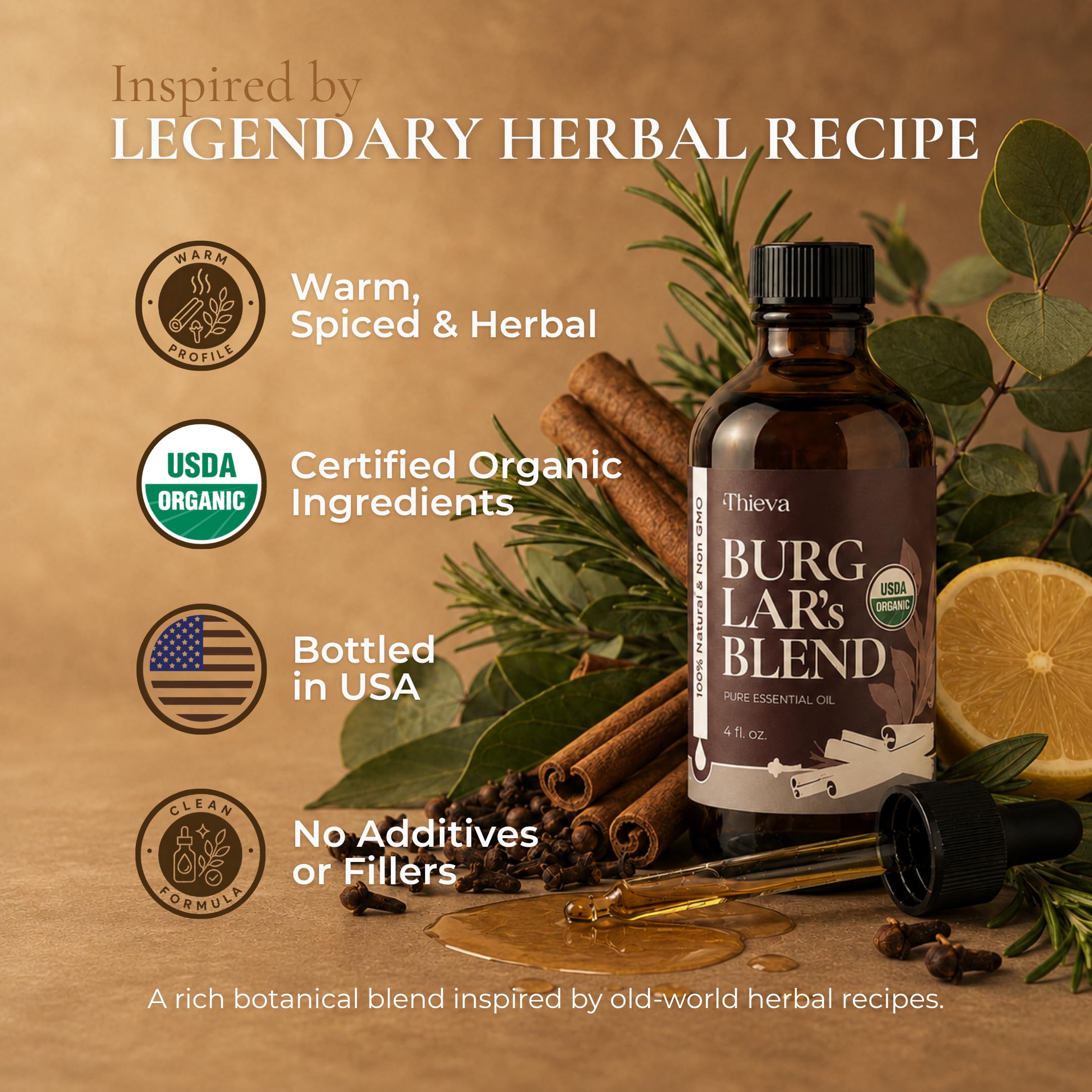 THIEVA Burglar’s Blend Essential Oil 4 oz – USDA Organic Pure Oil Blend for DIY Household Cleaning Seasonal Home Wellness and Diffuser Aromatherapy