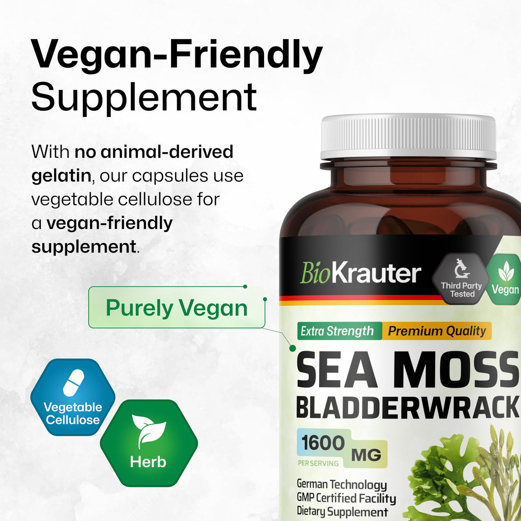 BIO KRAUTER® 2-in-1 Sea Moss for Overall Support - Vegan Bladderwrack & Sea Moss Capsules for Women & Men - Natural Сhondrus Сrispus Seaweed Supplement 1600 mg - 125 Days of Supply, Non-GMO
