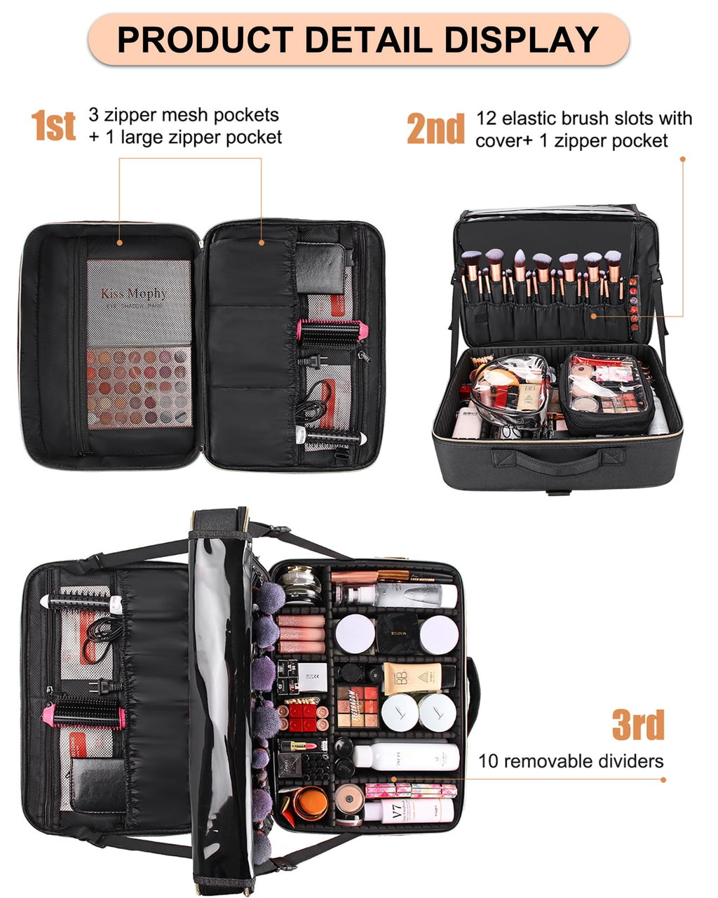 Relavel Extra Large Makeup Bag, Makeup Case Professional Makeup Artist Kit Train Case Travel Cosmetic Bag Brush Organizer, Waterproof Leather Material, with Adjustable Shoulder Straps and Dividers