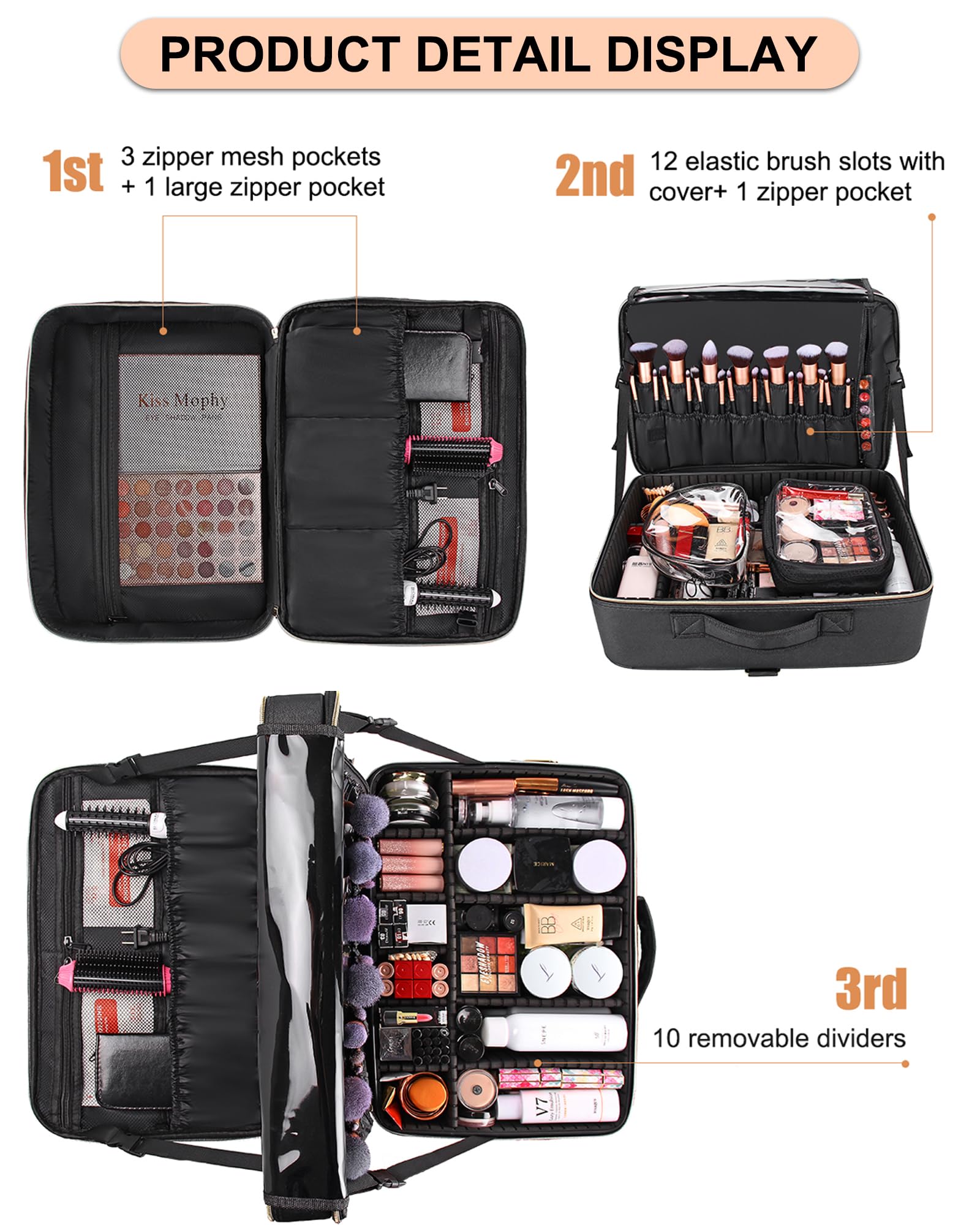 Relavel Extra Large Makeup Bag, Makeup Case Professional Makeup Artist Kit Train Case Travel Cosmetic Bag Brush Organizer, Waterproof Leather Material, with Adjustable Shoulder Straps and Dividers