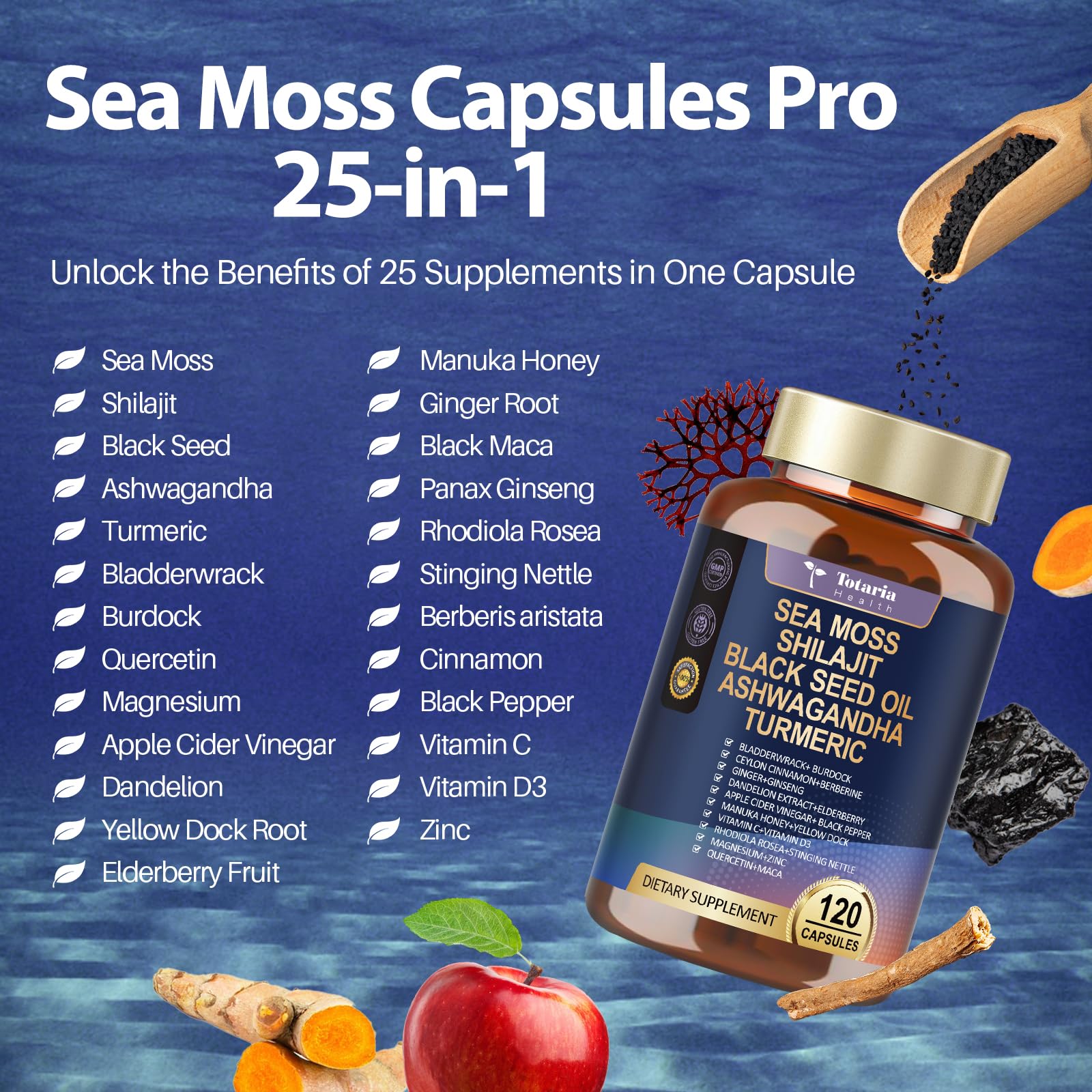 Totaria 25-in-1 Sea Moss Capsules, 120 Capsules per Bottle, 2 Bottles