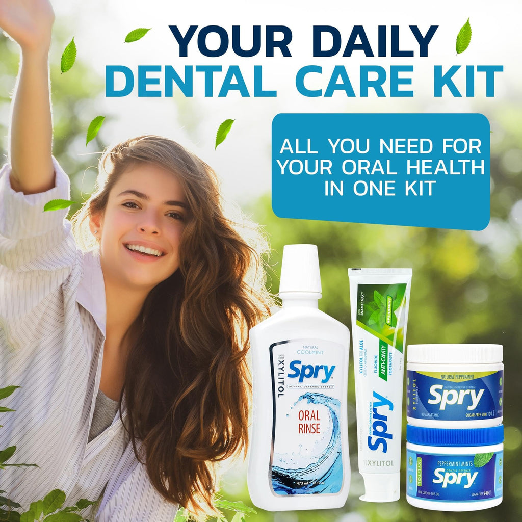 Spry Total Dental Health Kit, All Day Oral Care and Gum Health Kit Including Xylitol Sugar Free Gum, Candy Mints, Oral Rinse and Spearmint Toothpaste