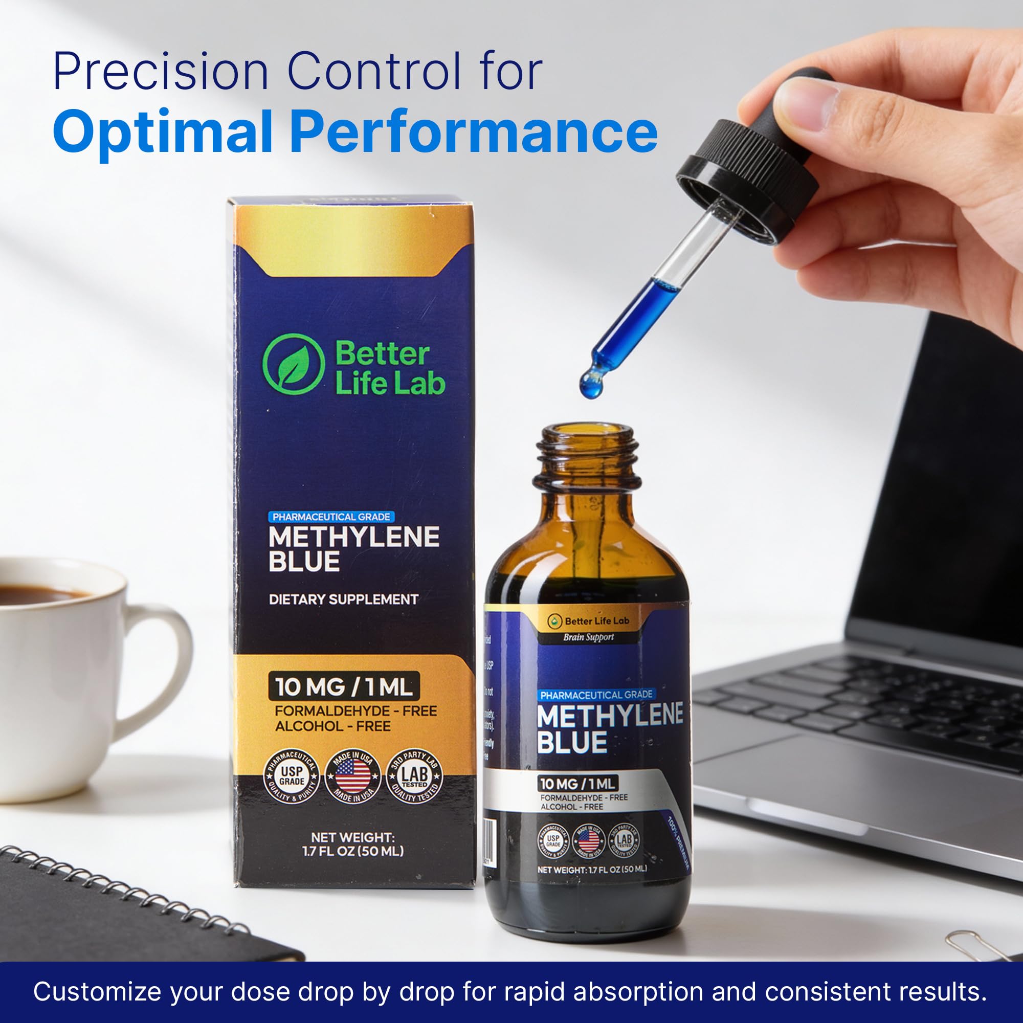 BETTER LIFE LAB Methylene Blue Pharmaceutical Grade 99.99% with Dropper, Health Dietary Supplement for Humans, No Formaldehyde, Made in USA (1% 50ml Bottle) 1 Fl Oz (2 Pack)