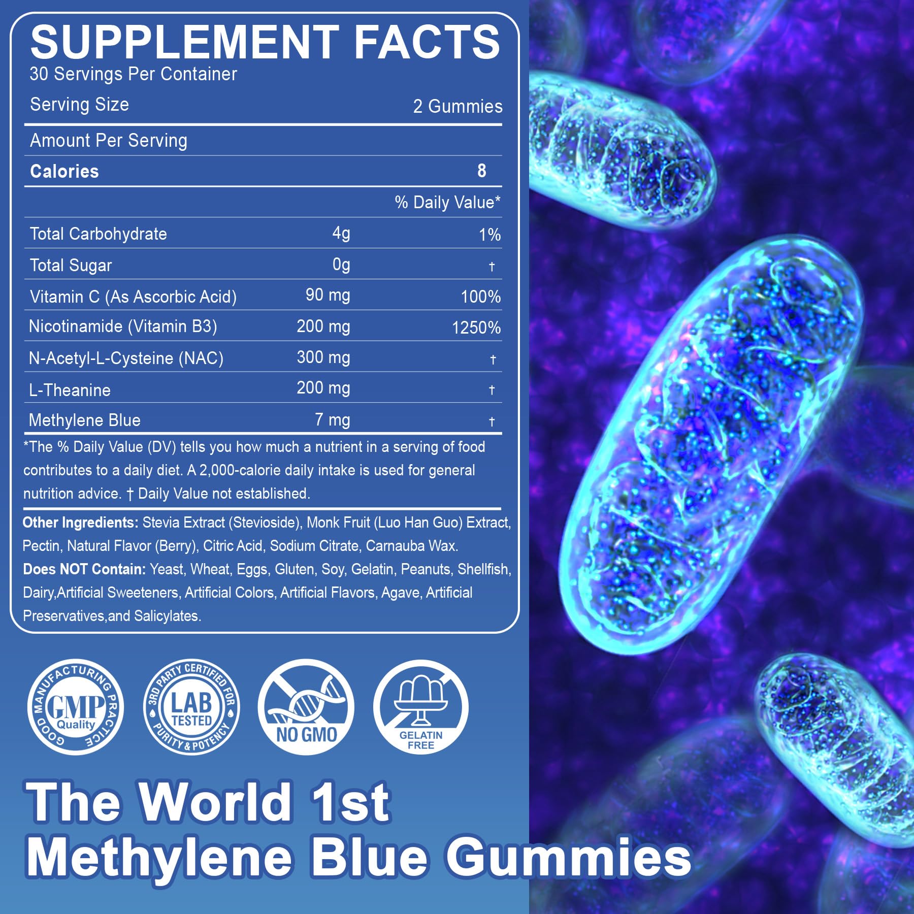 Methylene Blue Gummies for Humans 7mg Per Serving with NAC, Vitamin B3 & L-Theanine, for Cognitive Support & Focus, Energy, High Purity, Vegan, Sugar-Free, 60 Counts