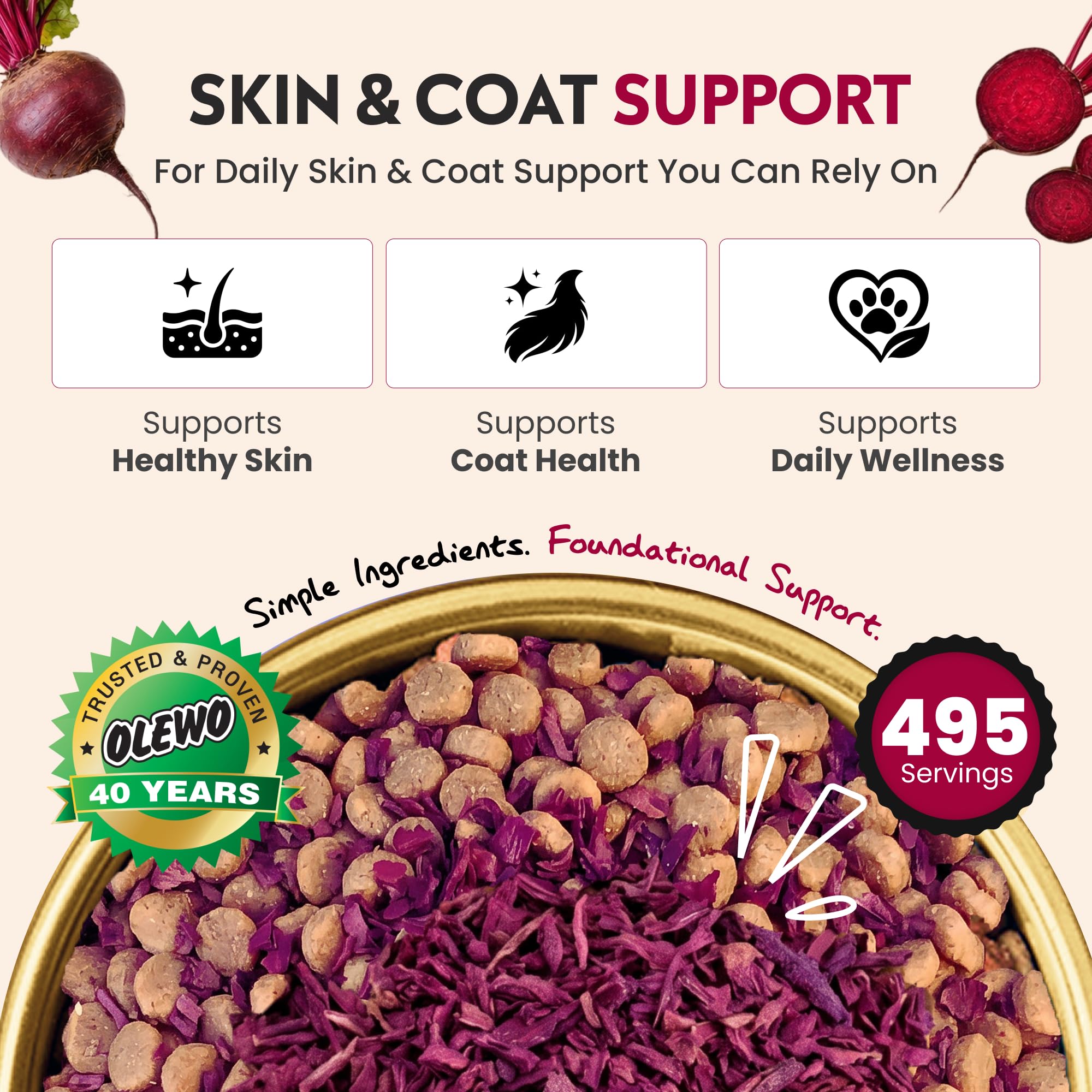 Olewo Original Red Beets for Dogs – Internal Support Dog Food Topper for Skin Sensitivity and Overall Balance, Prebiotic Fiber and Whole Food Nutrients, 5.5 lbs