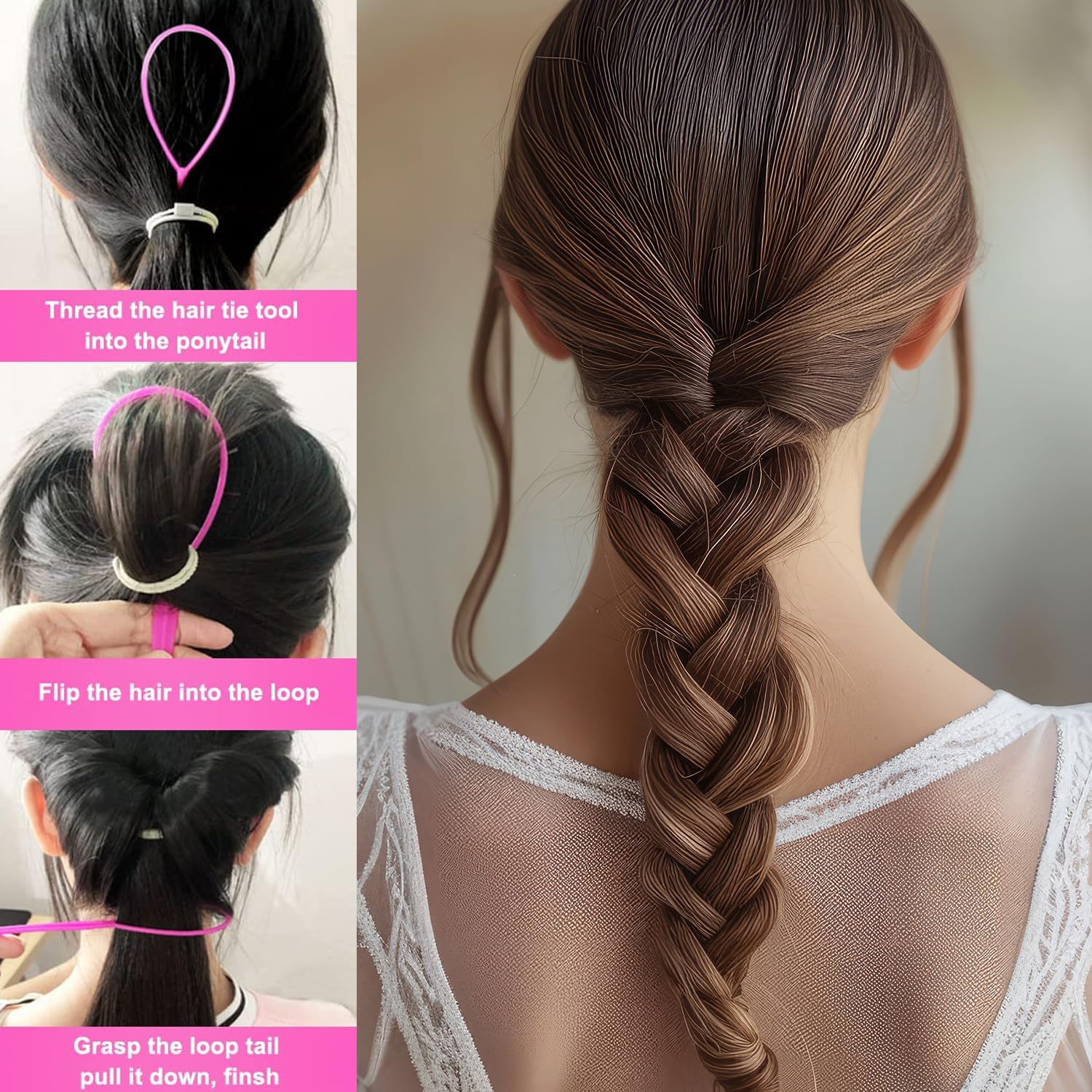 Acooruiteng Topsy Tail Kit - Hair Braiding Tool, French Braid Loop, Pull Through, Styling Tool with Rat Tail Comb and Rubber Bands (6 Pcs)
