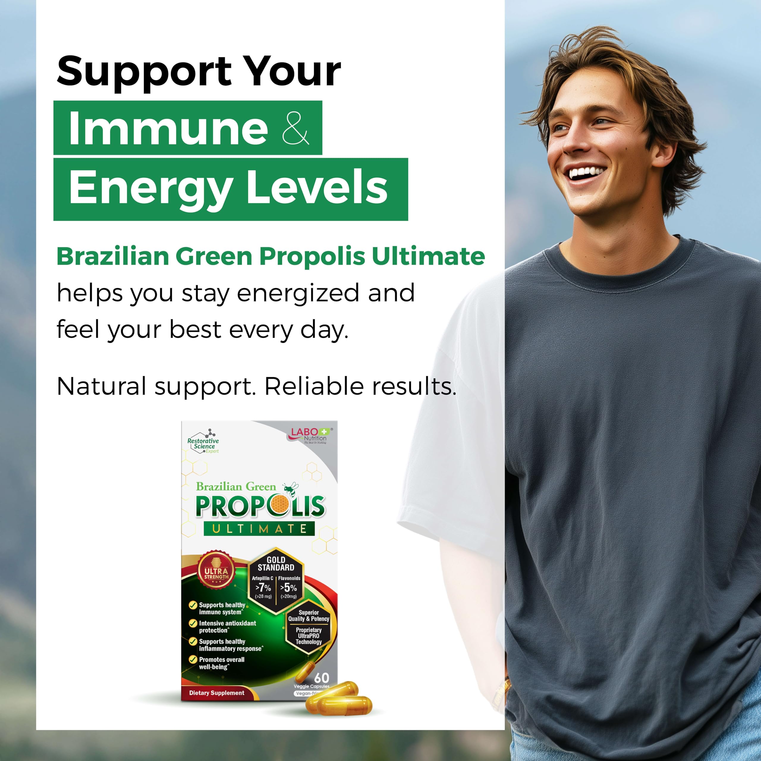 LABO Nutrition Brazilian Green Propolis Ultimate 3-Pack (60 Capsules Per Box) Bee Propolis 400mg Extract for Immune & Antioxidant Support, Sourced from Brazil, 180 Total Vegan Capsules, Made in Japan