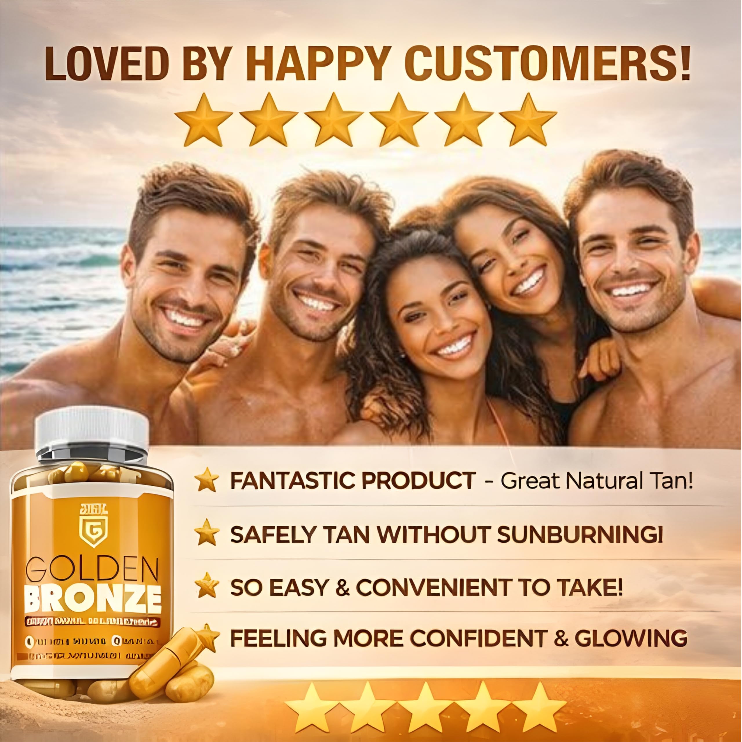 Golden Bronze Tanning Pills Supplement x 60 Capsules, Sunless & Safe Tan Melanin Accelerator Capsules, Tanning Pills for Healthy Natural Tan - Made in UK