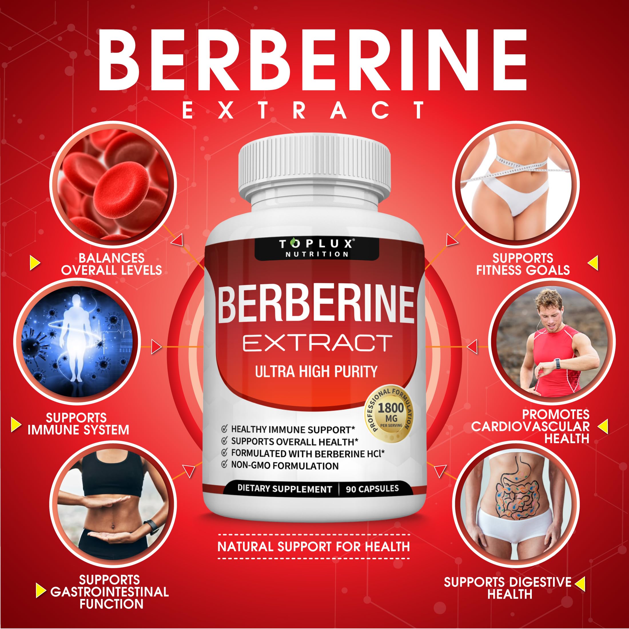 Toplux Berberine Supplement 1800mg - Berberine HCL 97% Tested Ultra High Purity Premium Berberine Extract to Support Overall Health, High Potency Berberine Plus Non-GMO Vegan Men Women, 90 Capsules