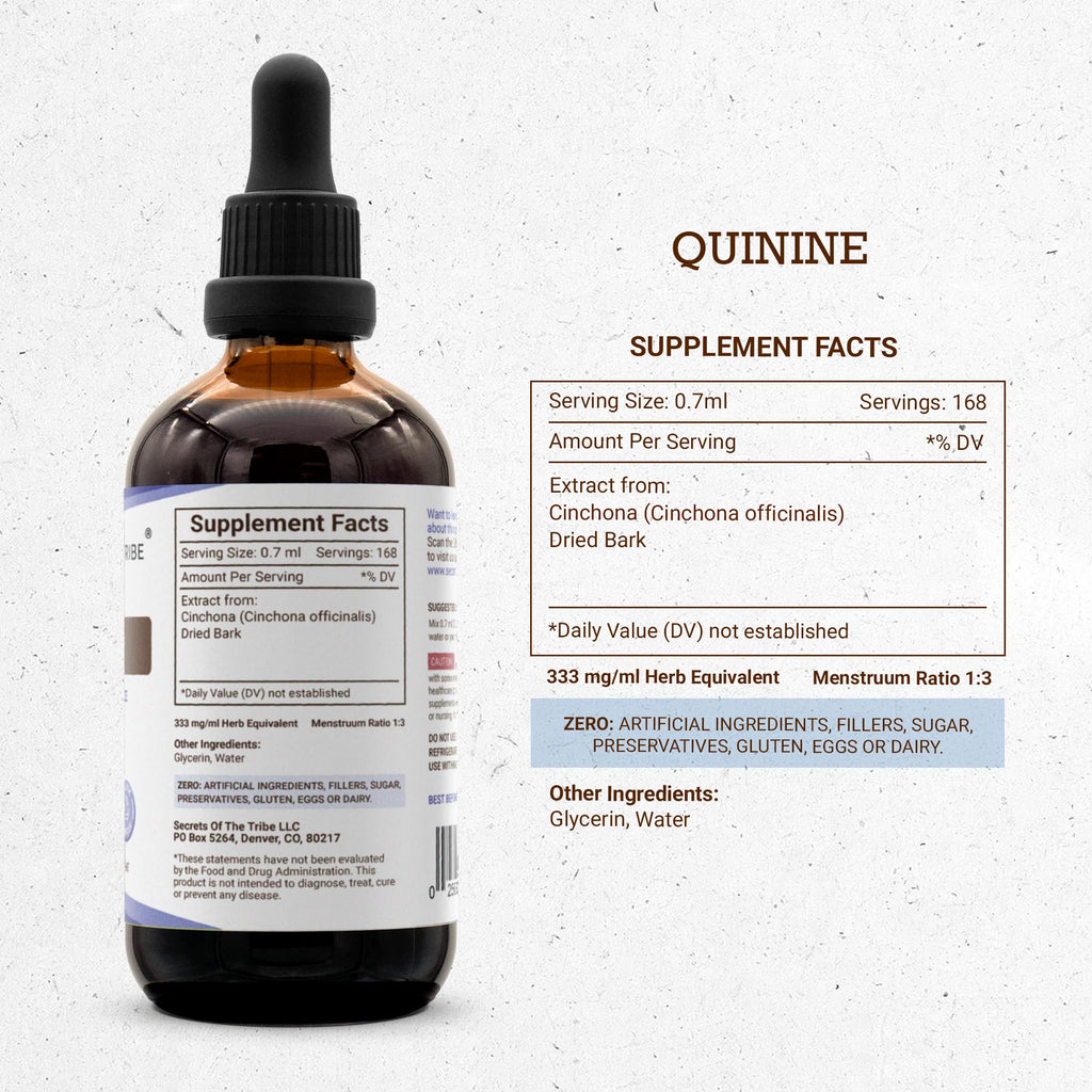 Secrets of the Tribe Quinine Alcohol-Free Tincture (Glycerite) 680 mg Wildcrafted Quinine (Cinchona officinalis) Dried Bark (4 Fl Oz) Leg Cramp Support Supplement