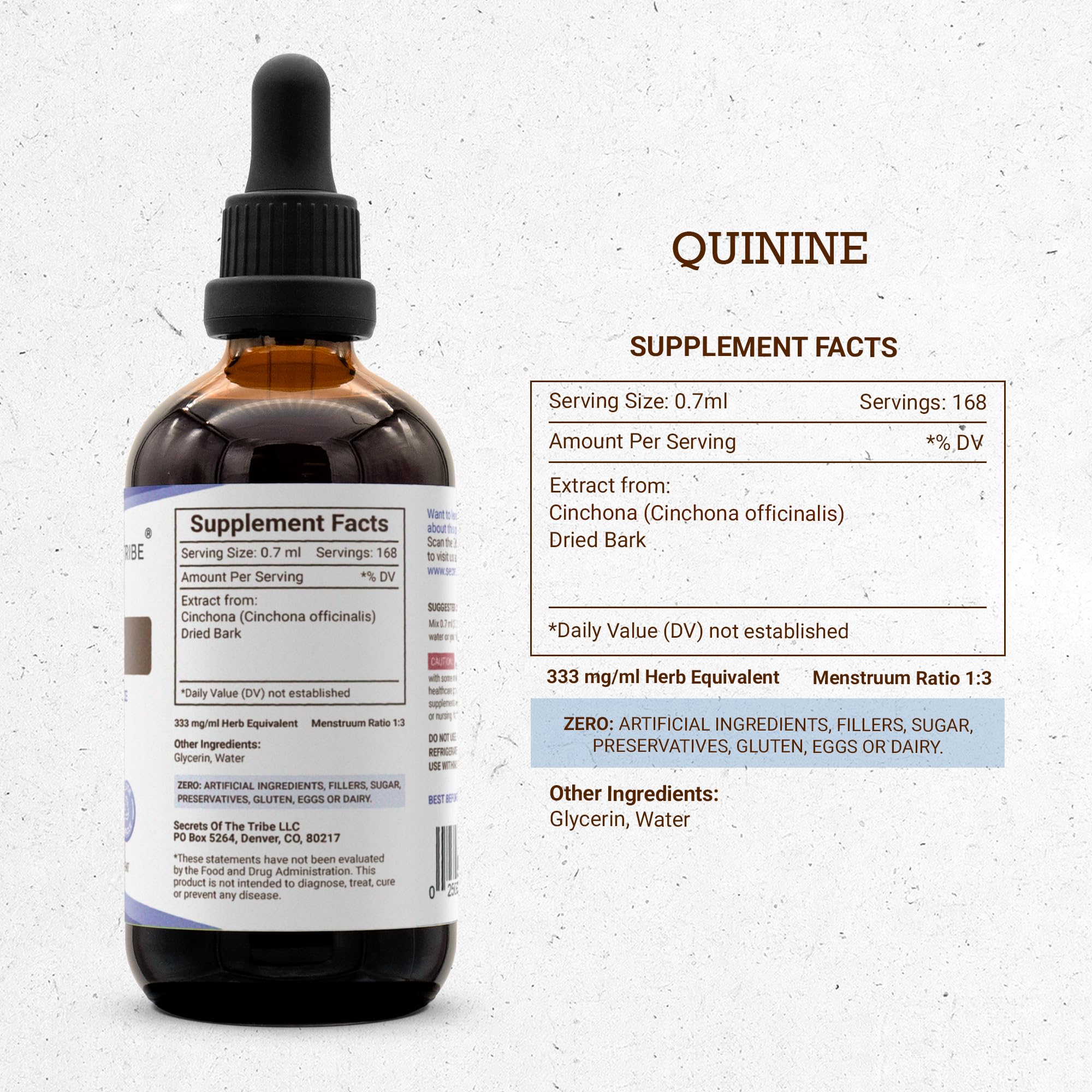 Secrets of the Tribe Quinine Alcohol-Free Tincture (Glycerite) 680 mg Wildcrafted Quinine (Cinchona officinalis) Dried Bark (4 Fl Oz) Leg Cramp Support Supplement