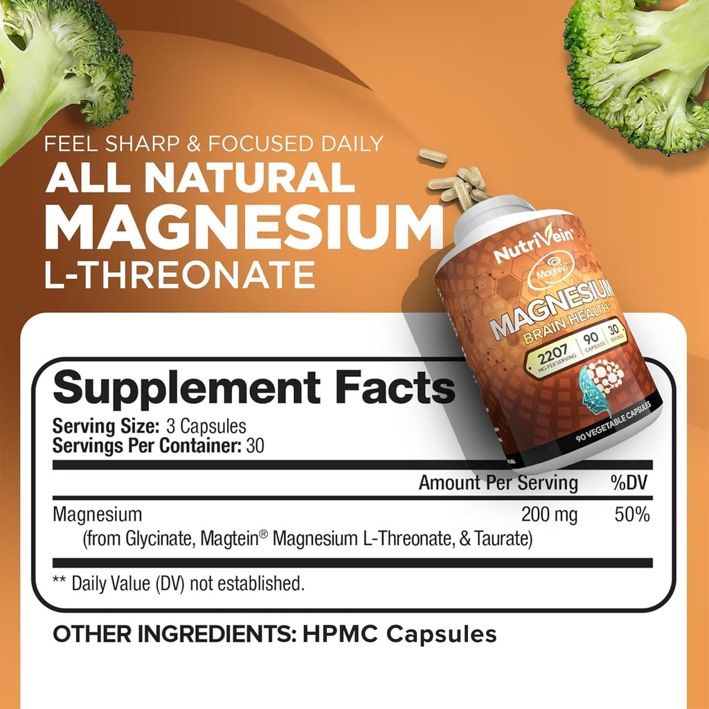 Nutrivein Premium Magtein Magnesium L-Threonate Supplement 2207 mg - 90 Caps (3 a Day): High-Absorption Magnesium Threonate for Brain, Sleep, Mood & Recovery