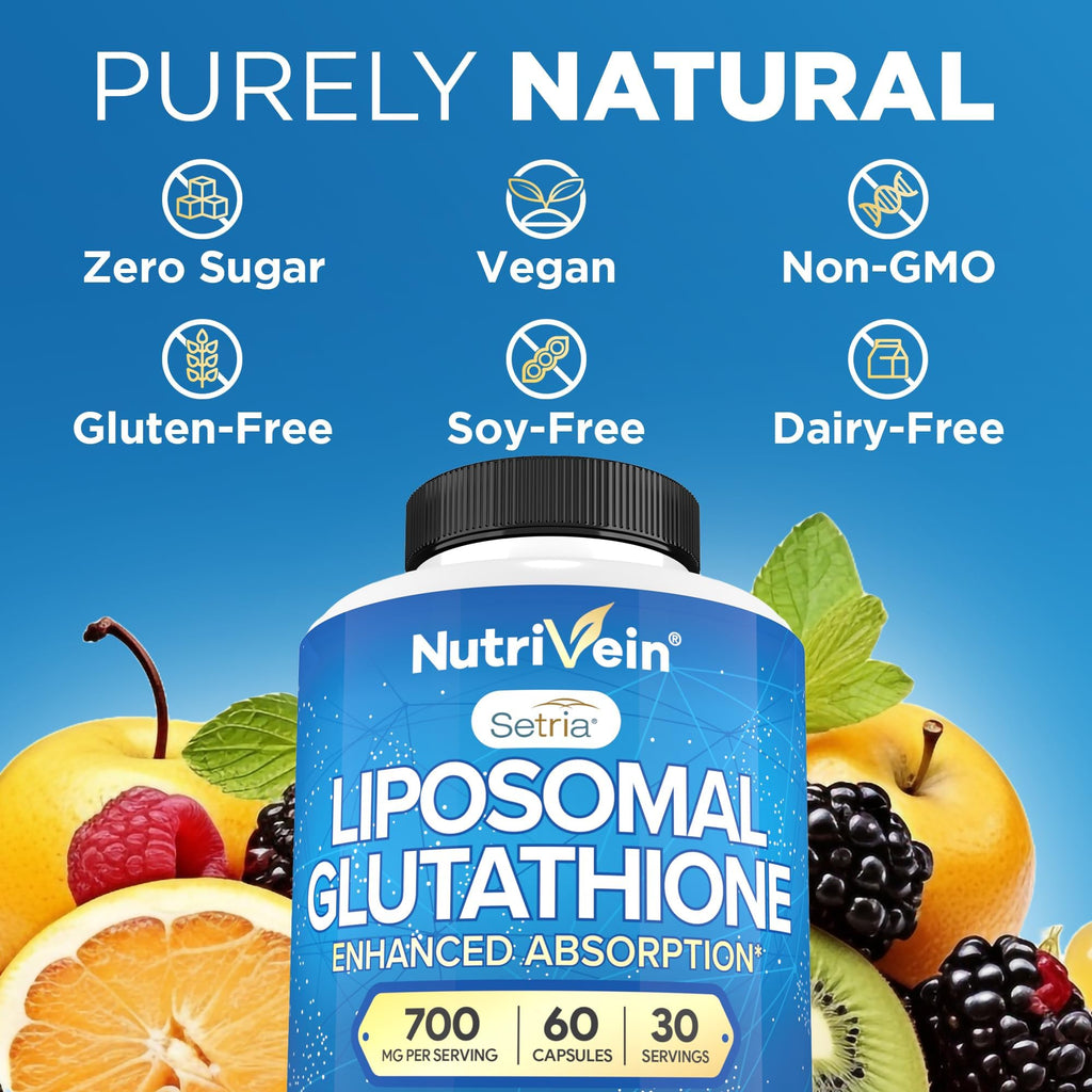 Nutrivein Premium Liposomal Glutathione Supplement 700 mg - 60 Caps - Pure Reduced Glutathione Setria - Master Antioxidant - Cell Protection, Cleansing, Liver, Brain, Vitality, and Defenses