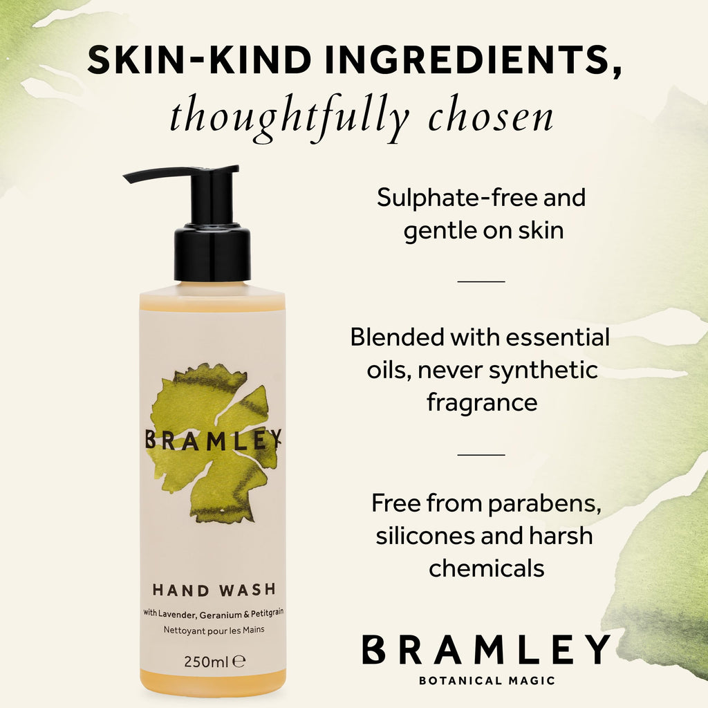 BRAMLEY Hand Wash, 250ml | Lavender, Geranium & Petitgrain Essential Oils | Natural Hand Wash with 100% Natural Fragance | Liquid Hand Soap | Vegan and Cruelty Free | Gift | Green living | Gift