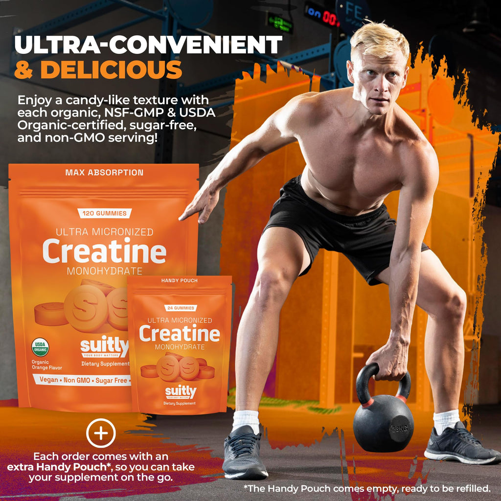 Suitly Creatine Gummies | 5g Ultra-Micronized Creatine Monohydrate | Made with Certified Organic Ingredients | Vegan, Sugar Free, Non GMO & Gluten Free | 120 Gummies | Organic Orange Flavor