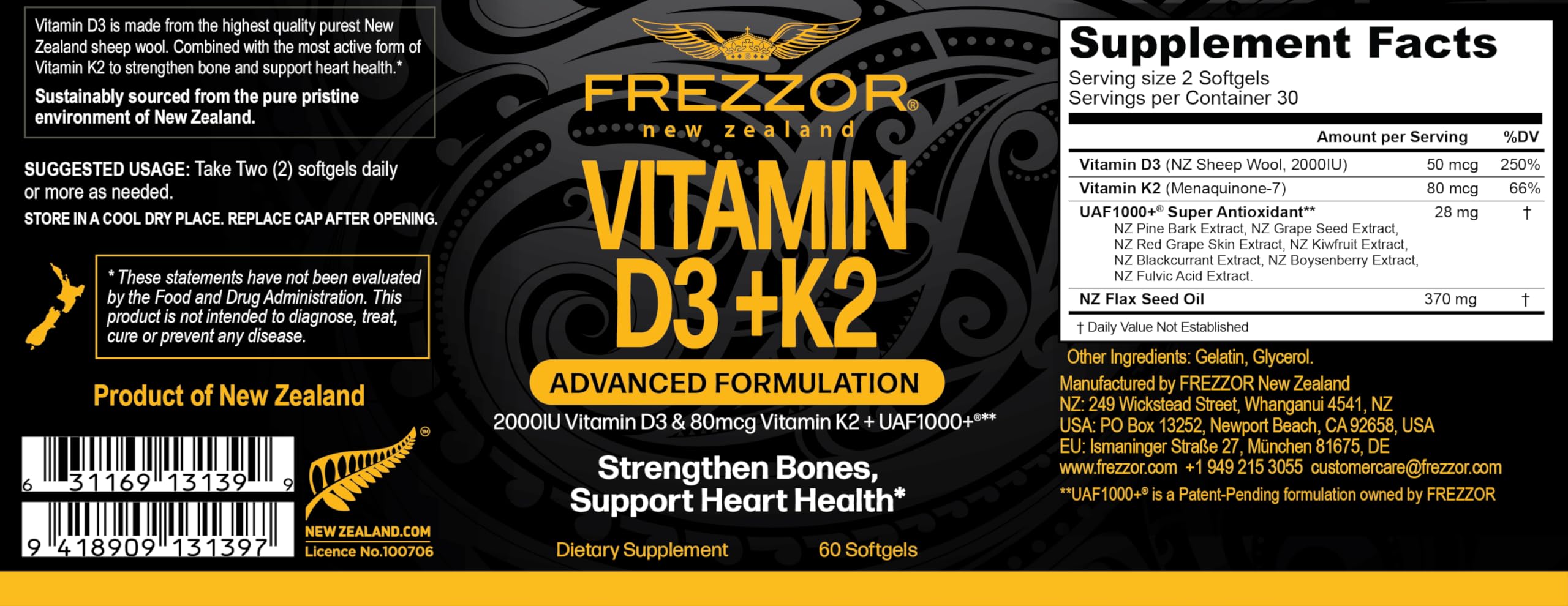 FREZZOR Vitamin D3 and K2 Caps, High Potency D3 2000IU and K2 (MK7) 80mcg, Unique VIT D3 from 100% New Zealand Sheep's Wool Lanolin,180 Softgels 3 Month Supply